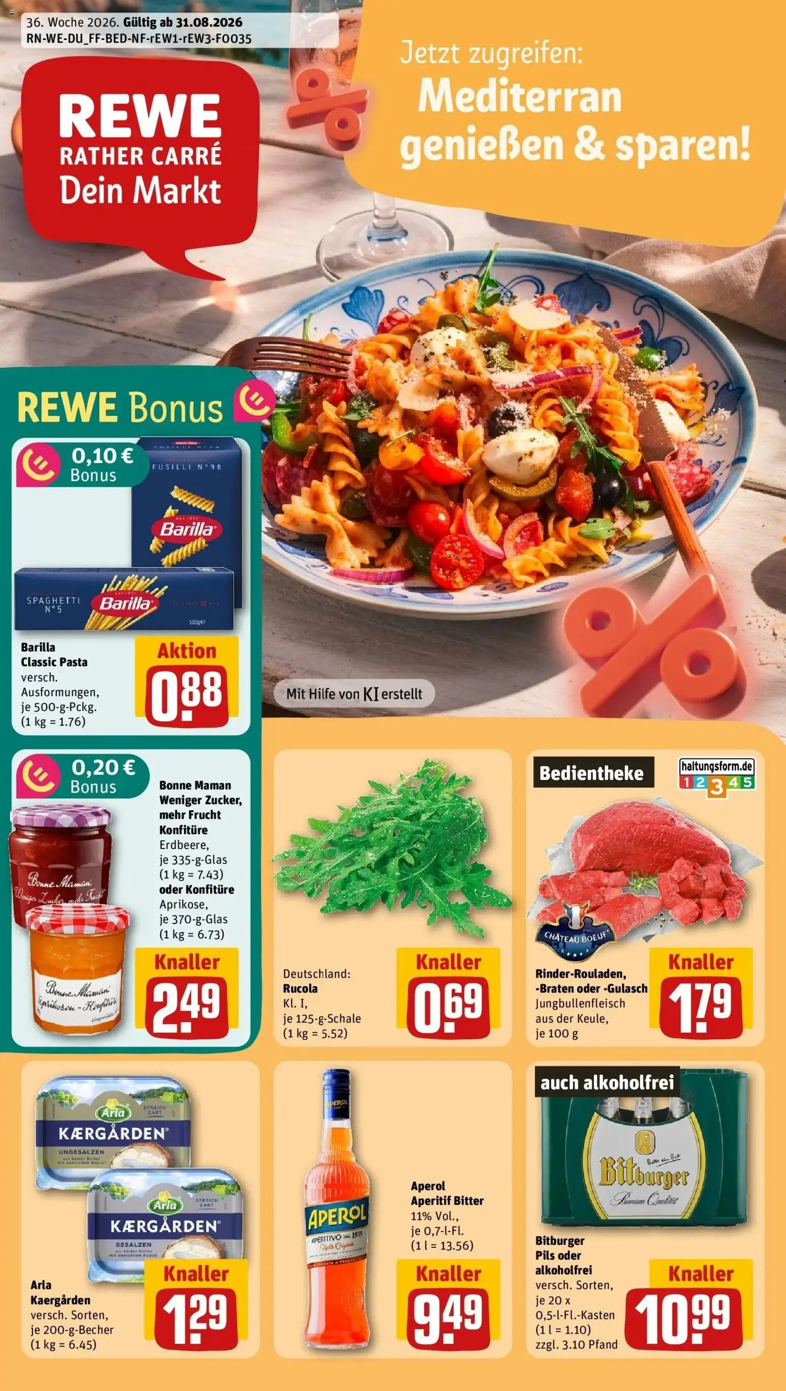 REWE Prospekt ab 31.08.2026 zum Blättern » Angebote | Seite: 1 | Produkte: Spaghetti, Pasta, Aperol, Bonne maman
