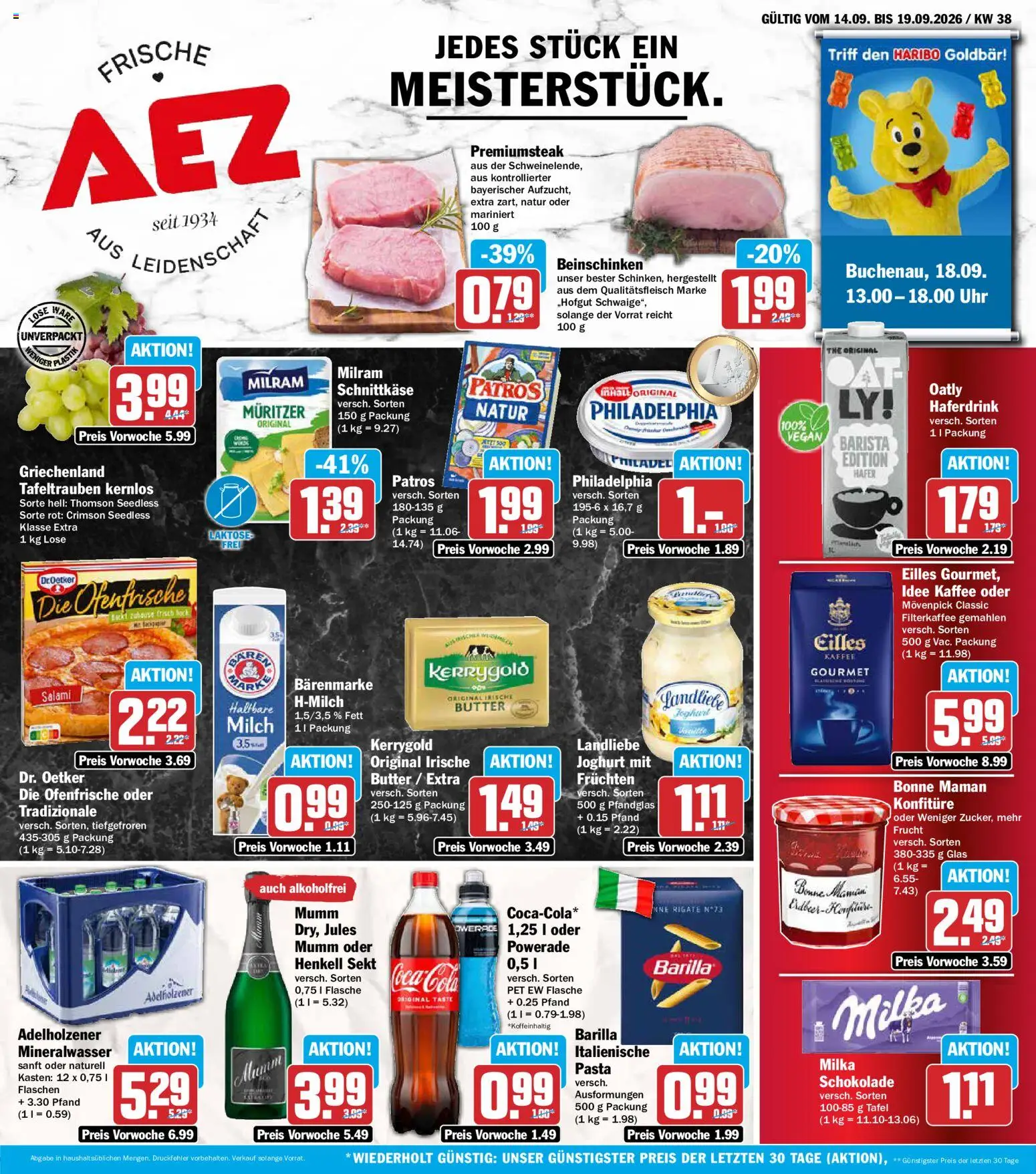 AEZ Prospekt – gültig ab 14.09.2026 | Seite: 1 | Produkte: Haribo, Schokolade, Milram, Uhr