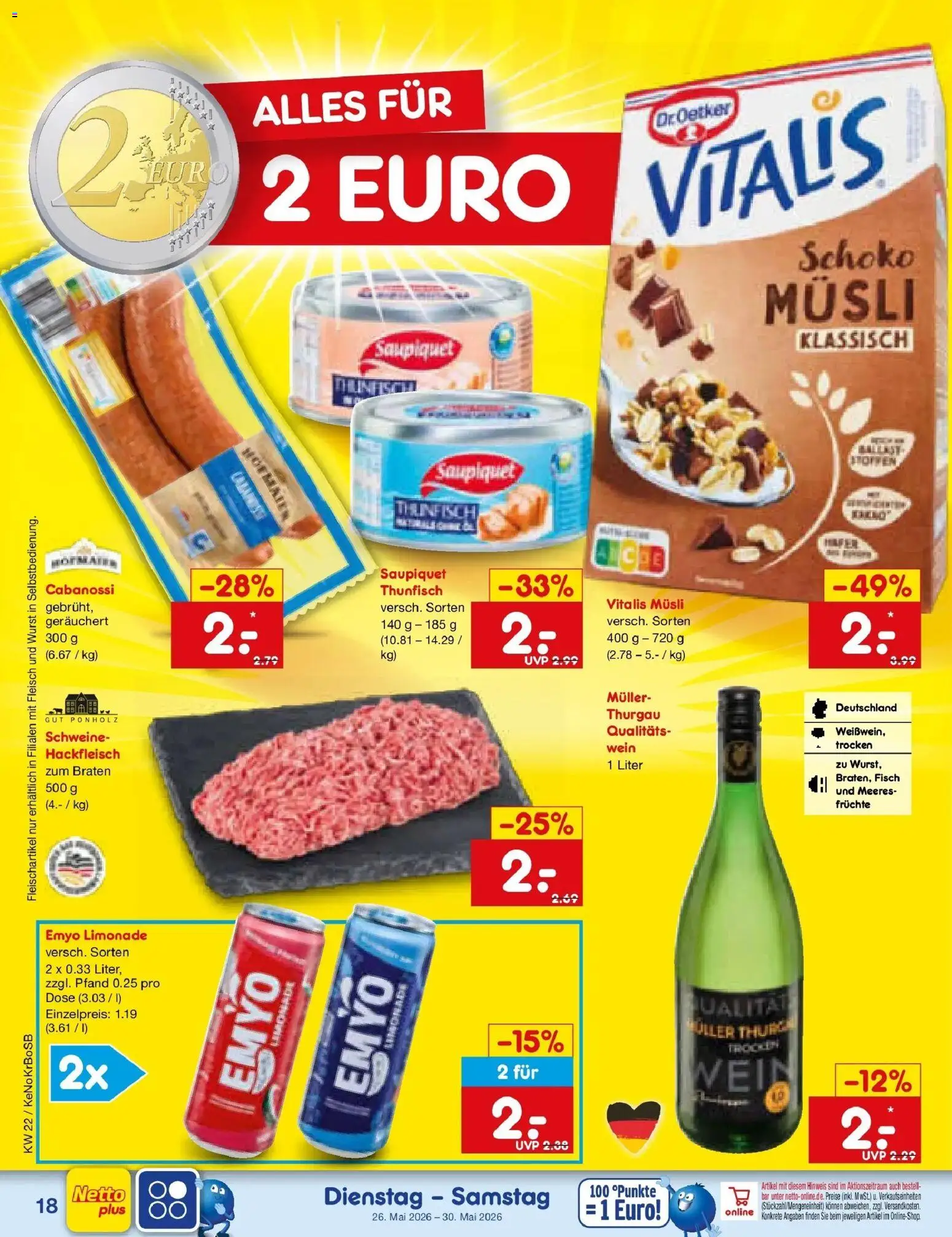 Netto Marken-Discount Prospekt Bonn – gültig ab 26.05.2026 | Seite: 22 | Produkte: Thunfisch, Wurst, Wein, Fleisch