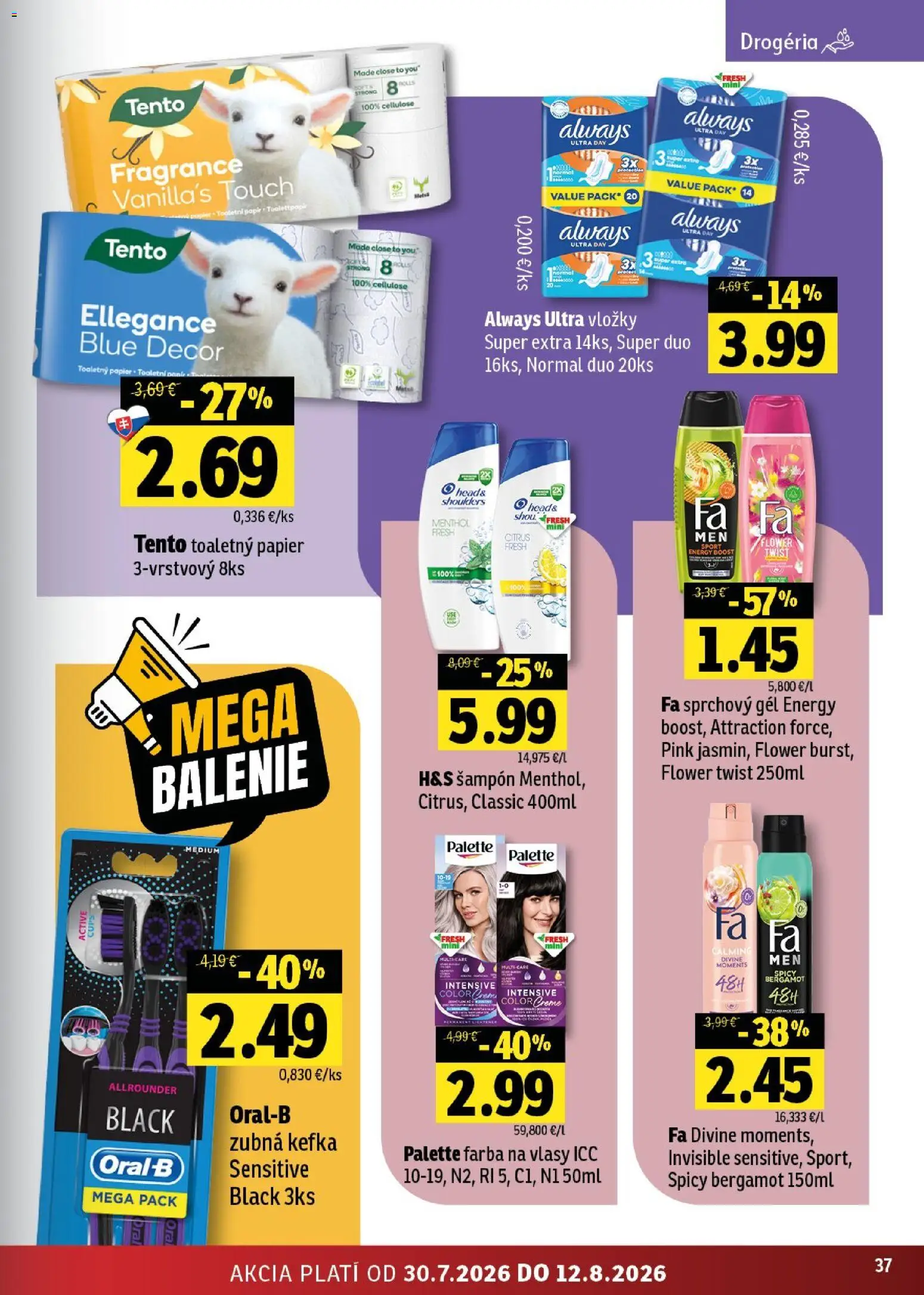 Nové Fresh akcie – leták je platný od 30.07.2026 | Strana: 37 | Produkty: Zubná kefka, Šampón, Toaletný papier, Sprchový gél
