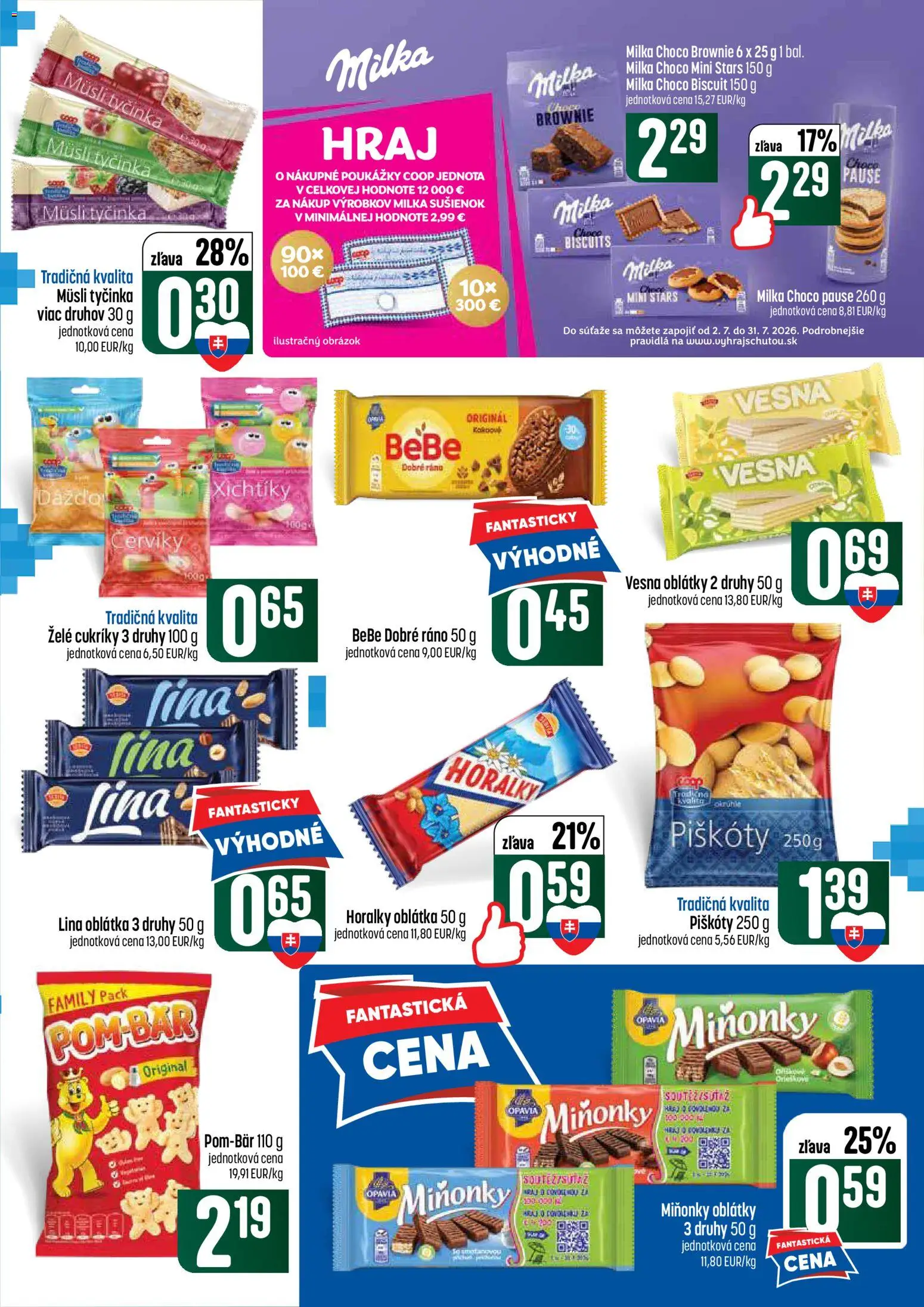 Nové COOP Jednota akcie – leták je platný od 02.07.2026 | Strana: 33 | Produkty: BeBe Dobré ráno, Cukríky, Milka, Horálky