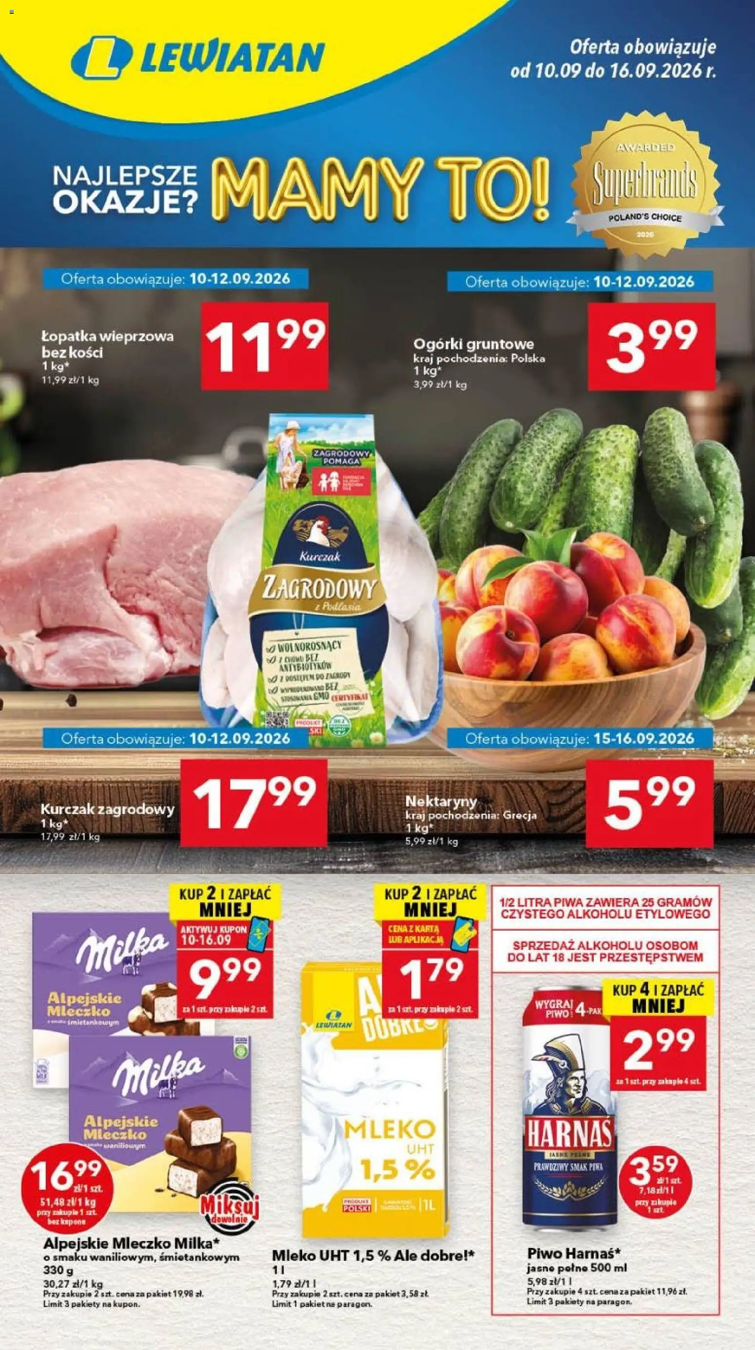 Lewiatan gazetka - Legnica od 10.09.2026 | Strona: 1 | Produkty: Milka, Kurczak zagrodowy, Mleko, Piwo