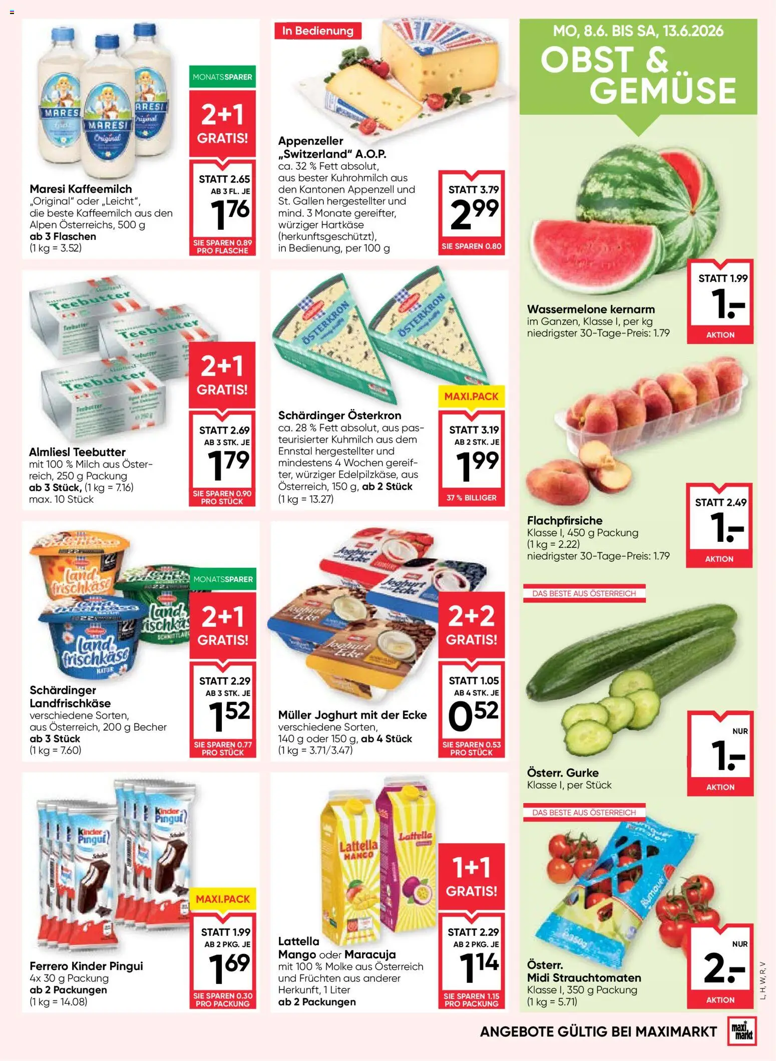 Maximarkt Flugblatt gültig ab 11.06.2026 | Seite: 9 | Produkte: Gemüse, Obst, Wassermelone, Milch