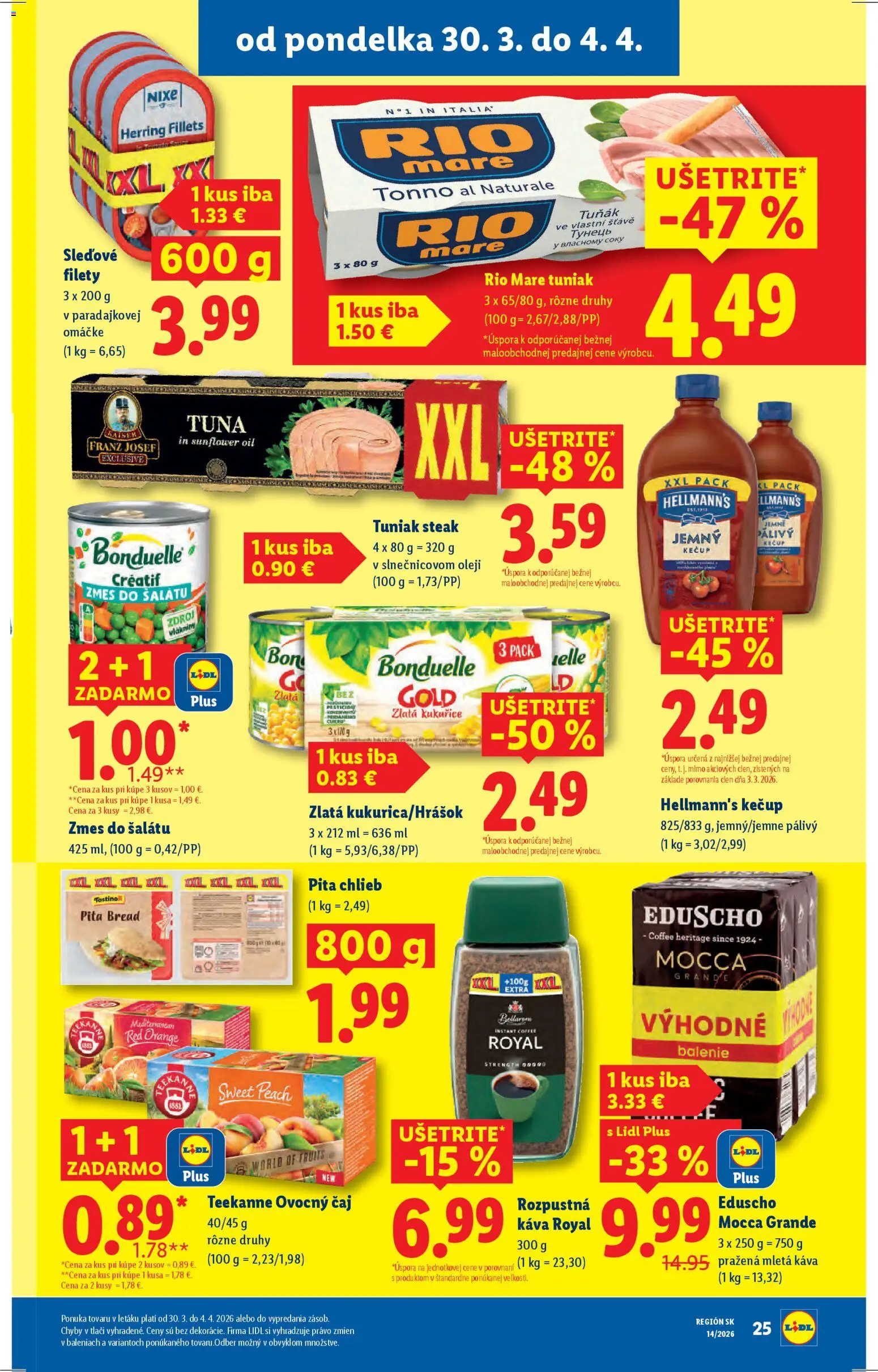 Nové Lidl akcie – leták je platný od 30.03.2026 | Strana: 29 | Produkty: Chlieb, Káva, Rio Mare, Teekanne