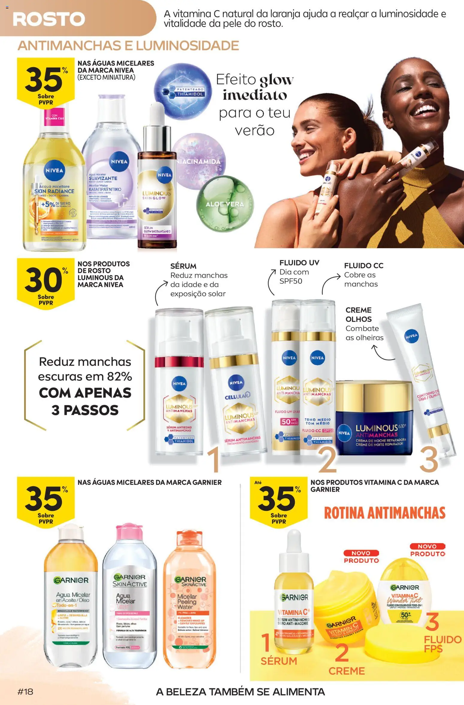 Continente Beleza: Ingridientes para uma pele de verão │ válido de 19.05.2026 | Página: 18 | Produtos: Água micelar, Sérum, Óleo, Vitamina c