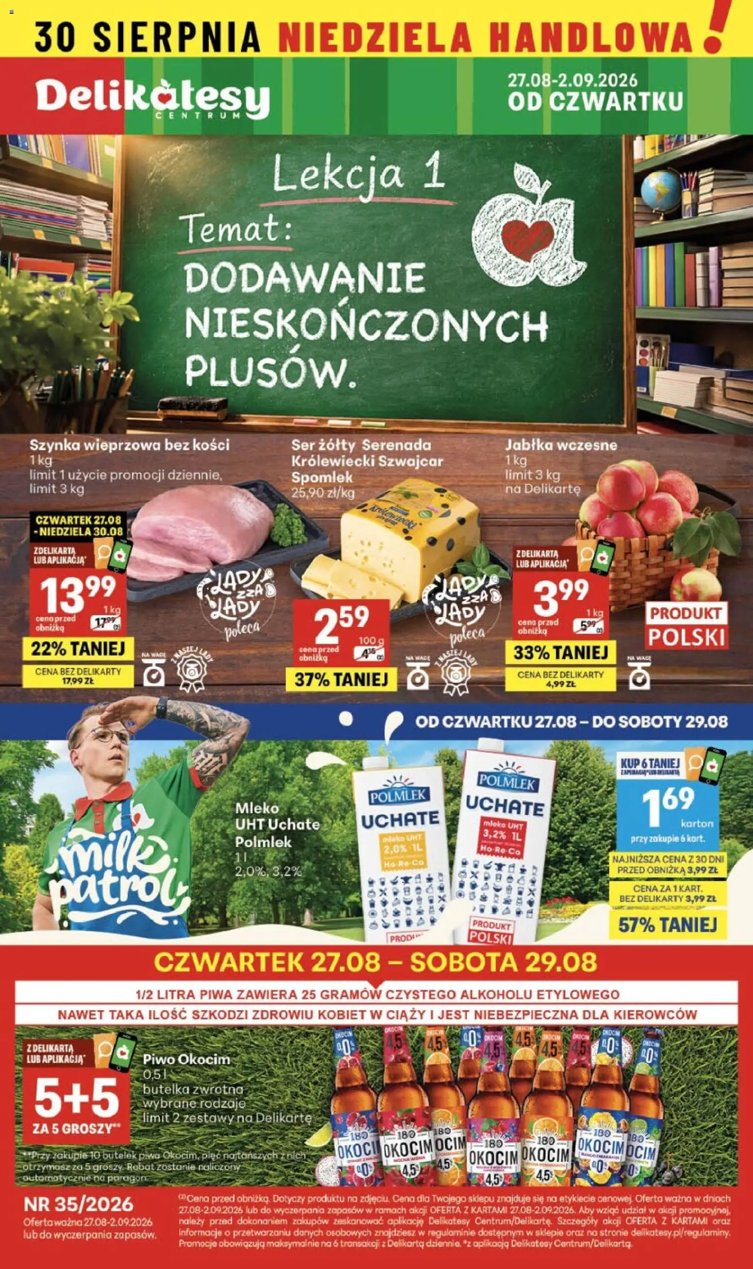 Delikatesy Centrum gazetka od 27.08.2026 | Strona: 1 | Produkty: Szynka wieprzowa, Mleko, Mleko UHT, Jabłka