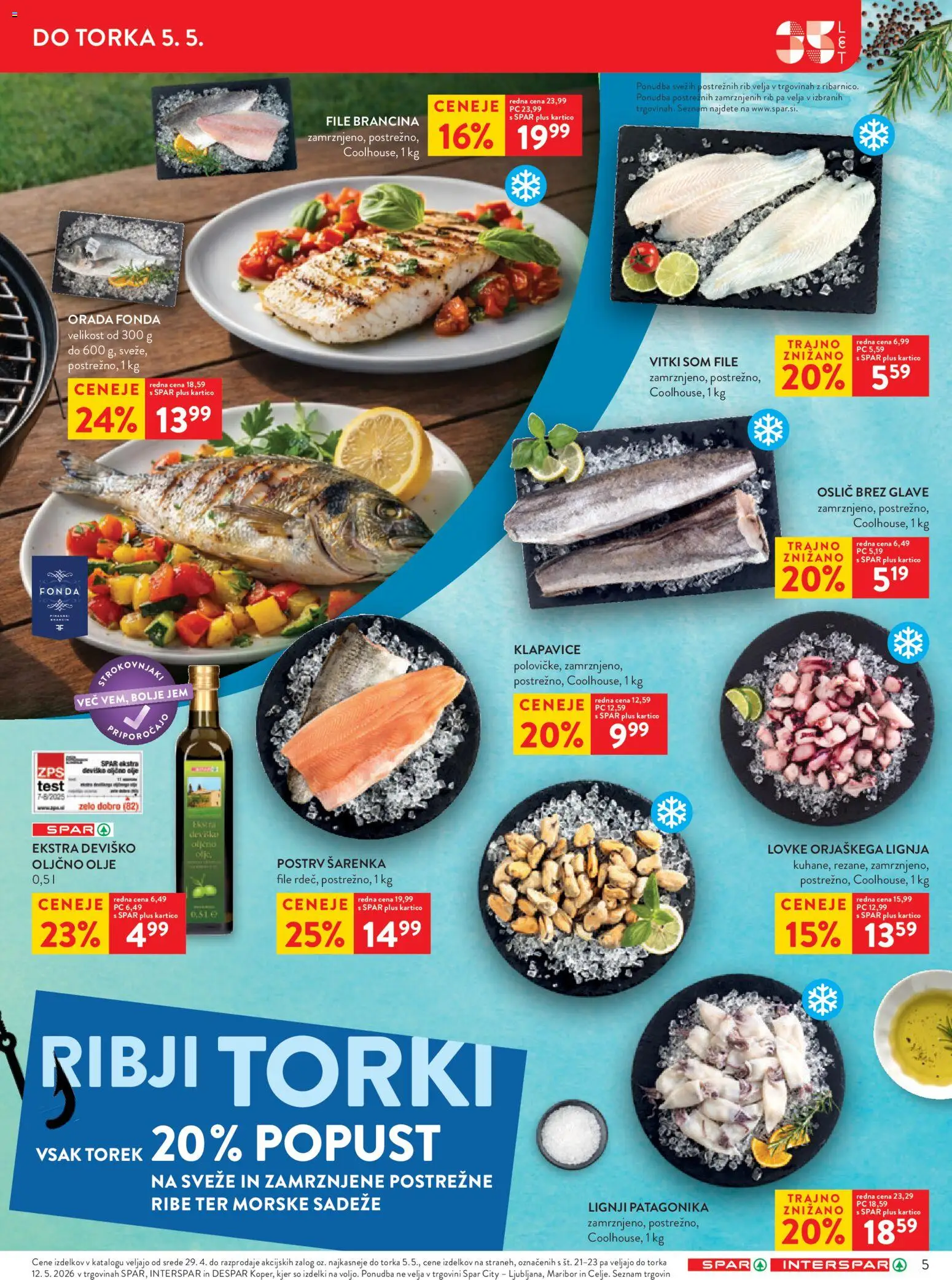 Novi Spar katalog ponudbe – veljaven od 29.04.2026 | Stran: 5 | Izdelki: Lignji, Postrv, Oljčno olje, Ribe