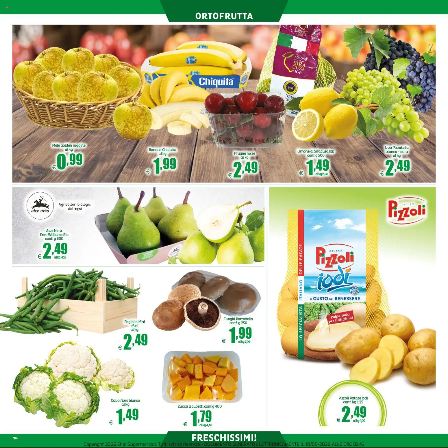 Volantino Elite Supermercati del 18/09/2026 | Pagina: 16 | Prodotti: Prugne, Patate, Limone, Funghi