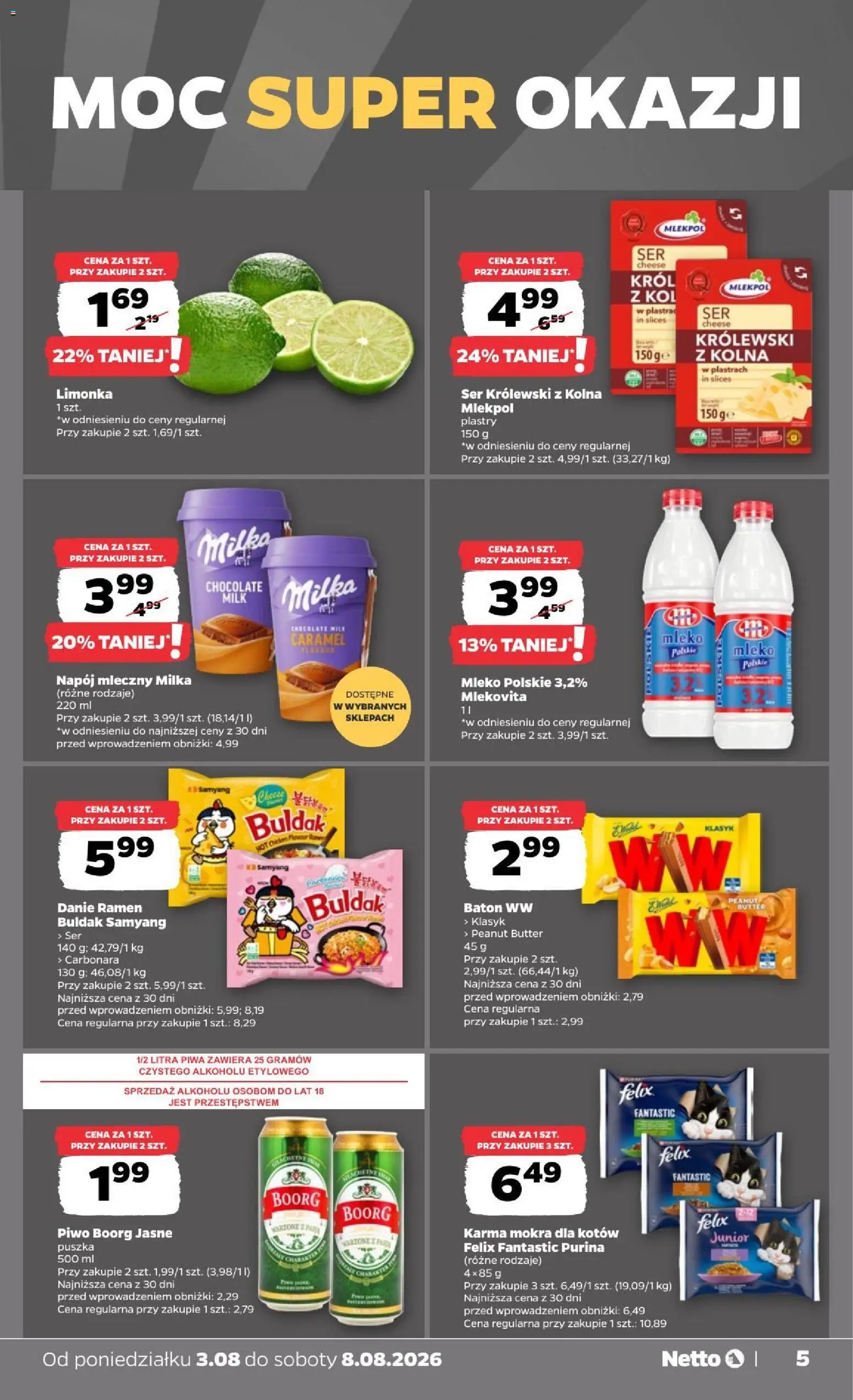 Netto gazetka od poniedziałku od 03.08.2026 | Strona: 5 | Produkty: Limonka, Milka, Karma mokra, Karma