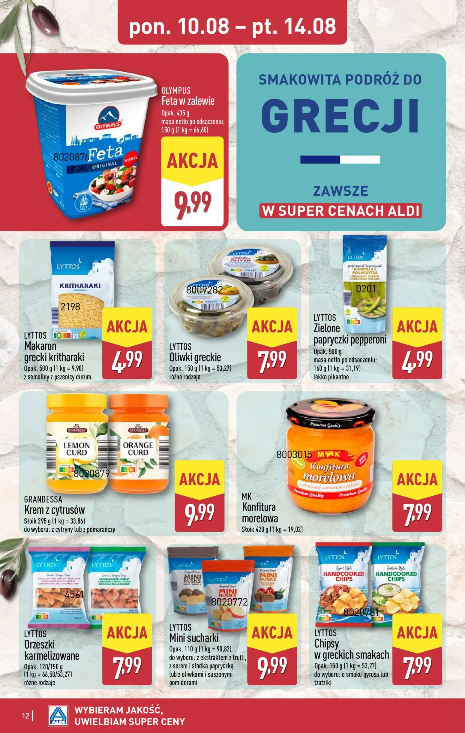Aldi gazetka od 10.08.2026 | Strona: 12 | Produkty: Tzatziki, Serem, Makaron, Krem