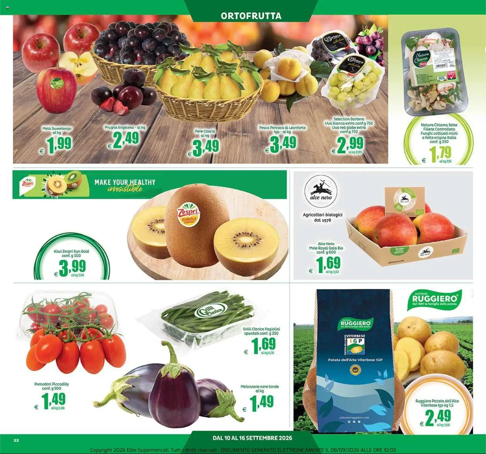 Volantino Elite Supermercati del 10/09/2026 | Pagina: 22 | Prodotti: Pere, Prugne, Pomodori, Funghi