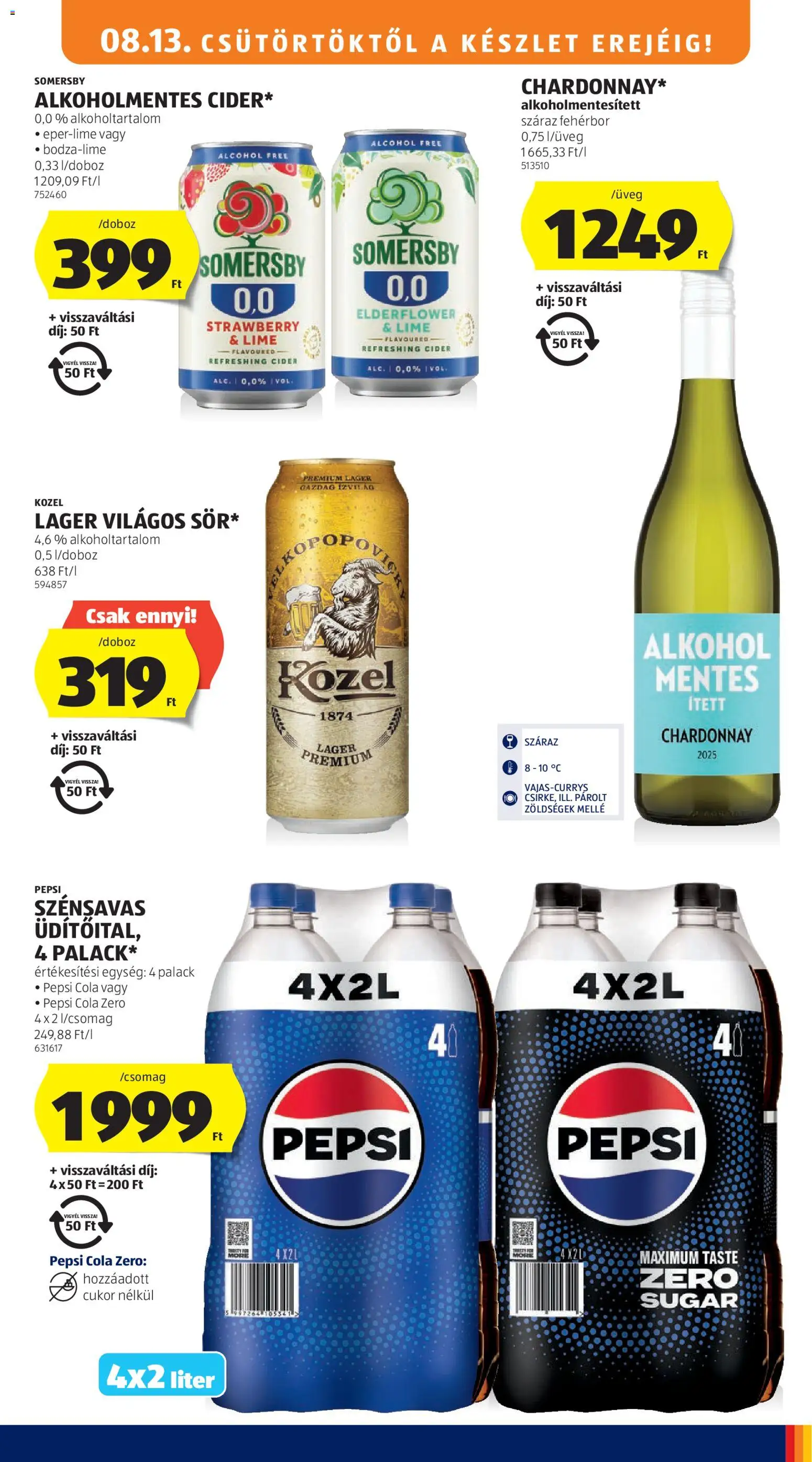 Aldi akciós ujság - amely érvényes a következő dátumtól: 2026.08.13. | Oldal: 17 | Termékek: Lime, Pepsi, Cider, Fehérbor