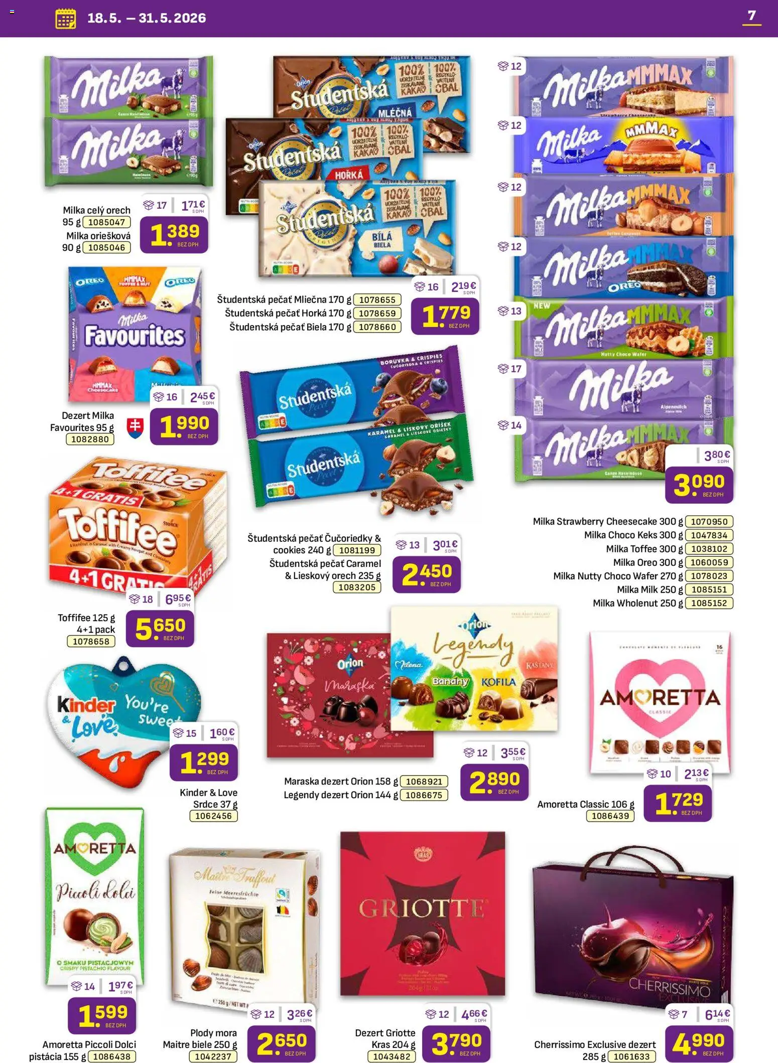 Nové Libex akcie – leták je platný od 18.05.2026 | Strana: 7 | Produkty: Banány, Toffifee, Študentská pečať, Milka