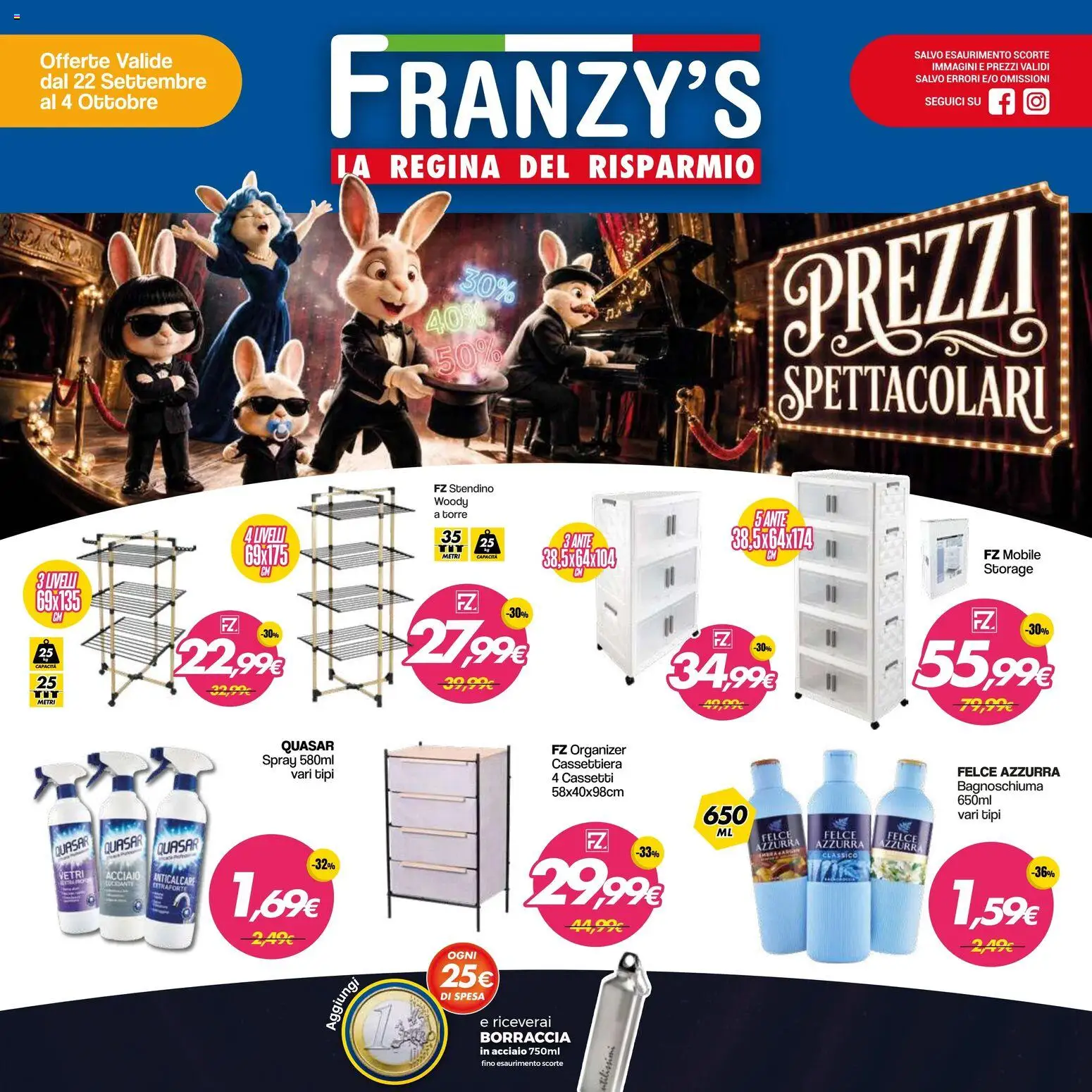 Volantino Franzy's del 22/09/2026 | Pagina: 1 | Prodotti: Bagnoschiuma, Stendino, Cassettiera, Borraccia