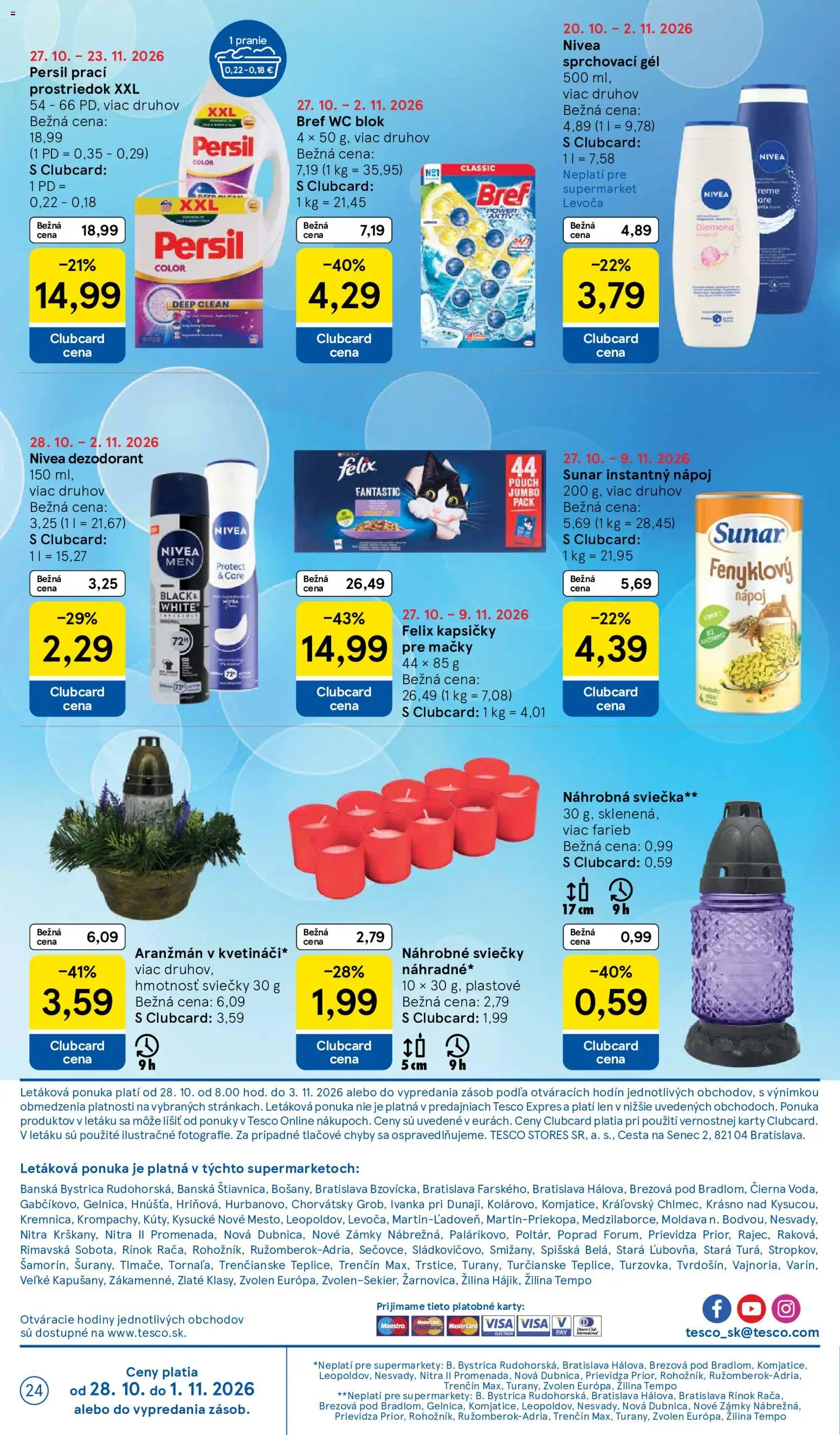 Nové Tesco akcie – leták je platný od 28.10.2026 | Strana: 24 | Produkty: Hodiny, Náhrobné sviečky, Wc, Sviečky