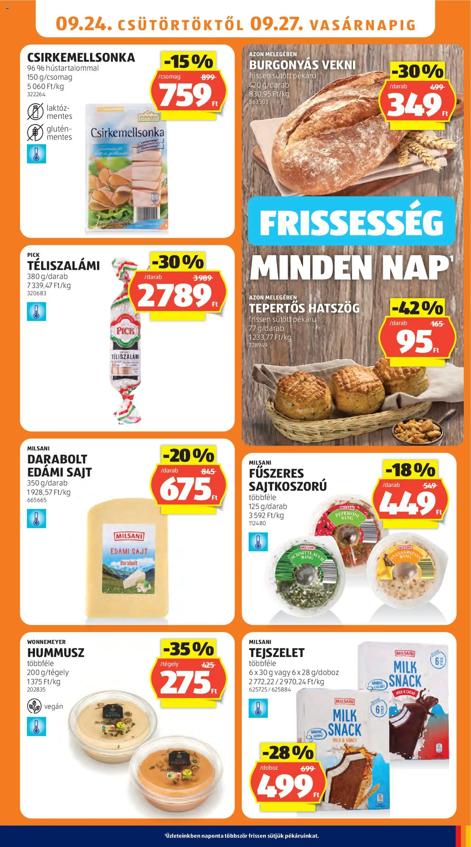 Aldi akciós ujság - amely érvényes a következő dátumtól: 2026.09.24. | Oldal: 13 | Termékek: Hummusz, Pick, Tejszelet, Téliszalámi