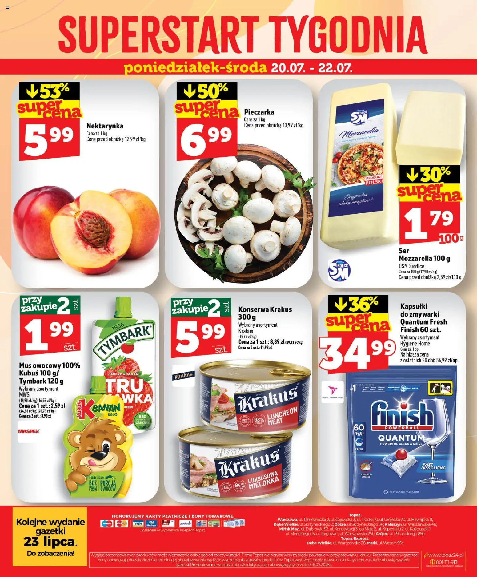 Topaz gazetka - MAZ od 16.07.2026 | Strona: 40 | Produkty: Nektarynka, Mozzarella, Finish