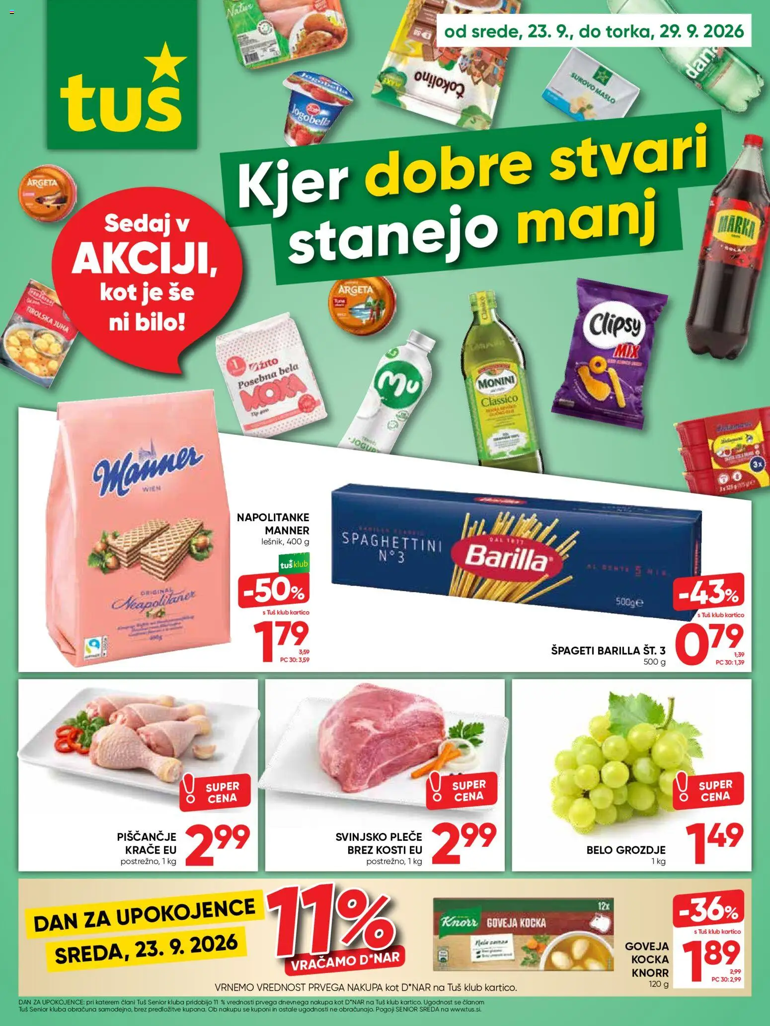 Novi Tuš katalog ponudbe – veljaven od 23.09.2026 | Stran: 1 | Izdelki: Napolitanke, Juha, Barilla, Spageti