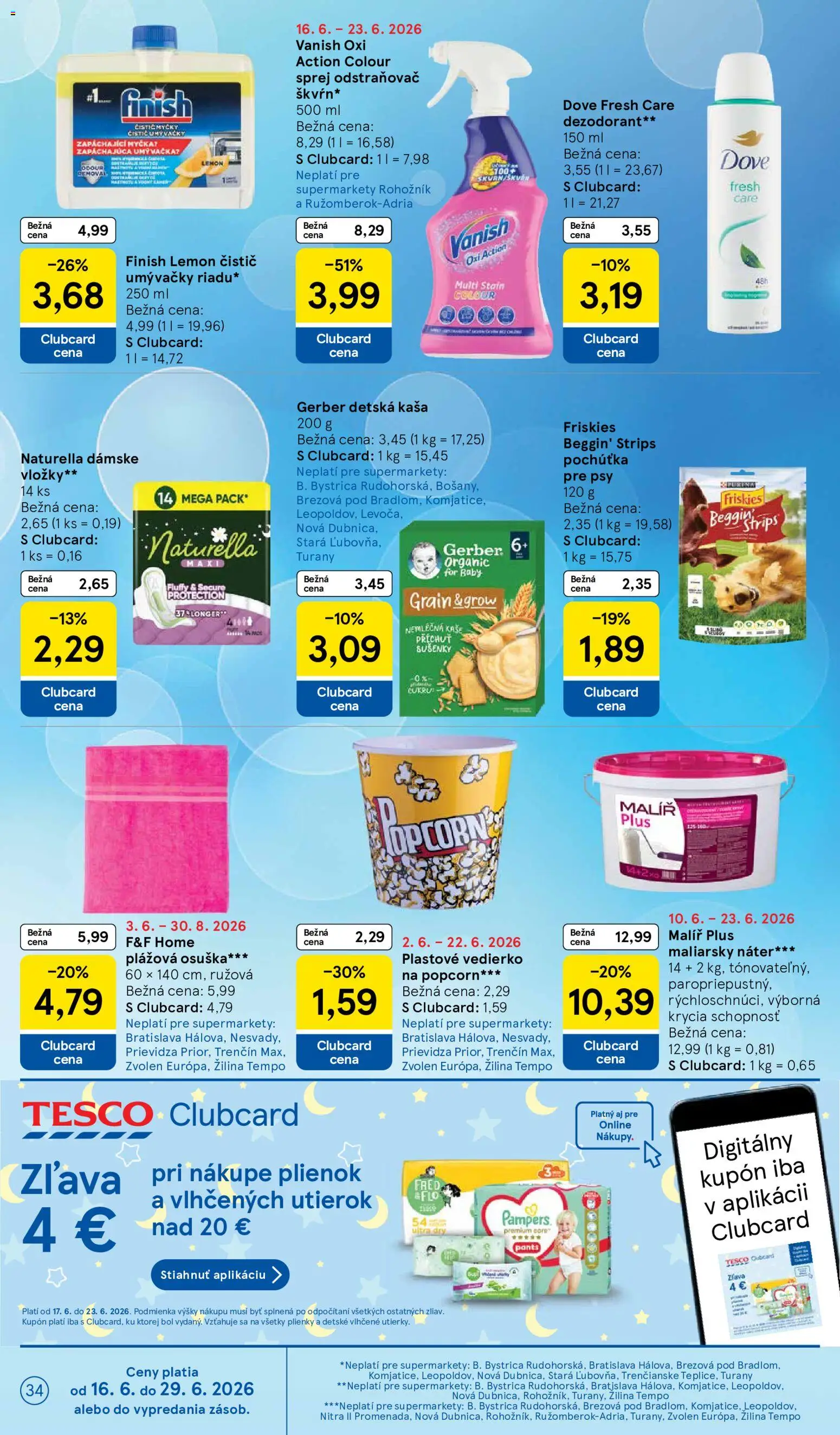 Nové Tesco akcie – leták je platný od 17.06.2026 | Strana: 34 | Produkty: Vanish, Osuška, Dezodorant, Plienky