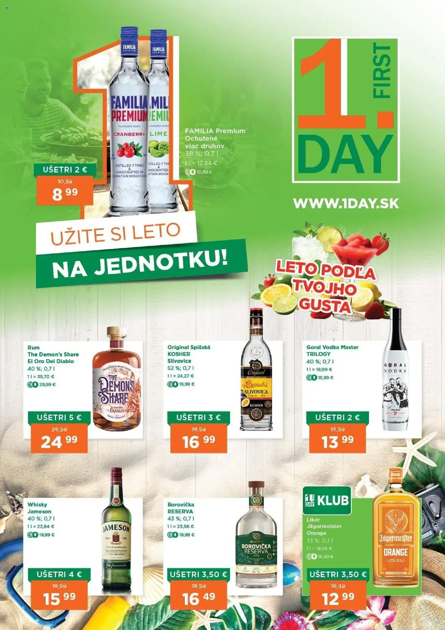 Nové 1day akcie – leták je platný od 13.08.2026 | Strana: 1 | Produkty: Jägermeister, Borovička, Vodka, Whisky