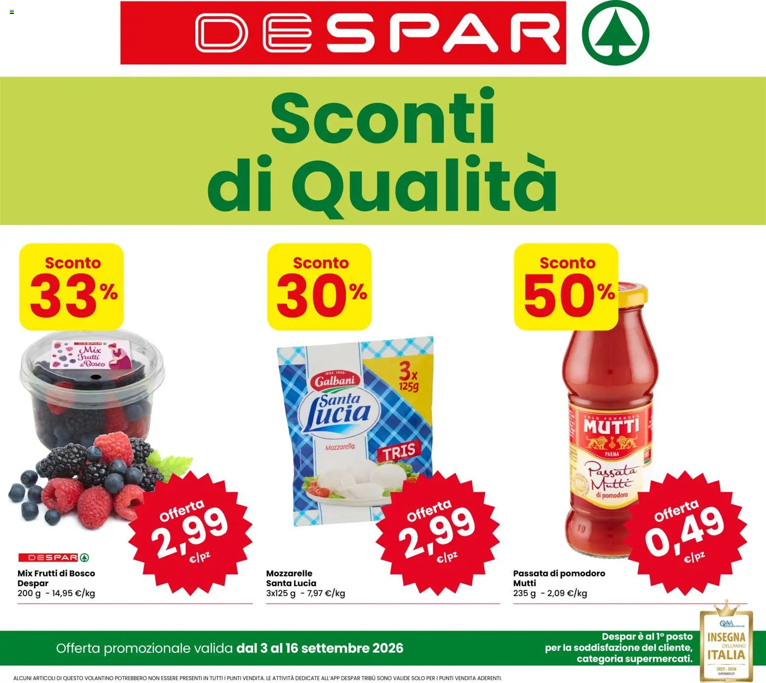 Volantino Despar del 03/09/2026 | Pagina: 1 | Prodotti: Frutti di bosco, Mozzarella, Pomodoro, Passata di pomodoro