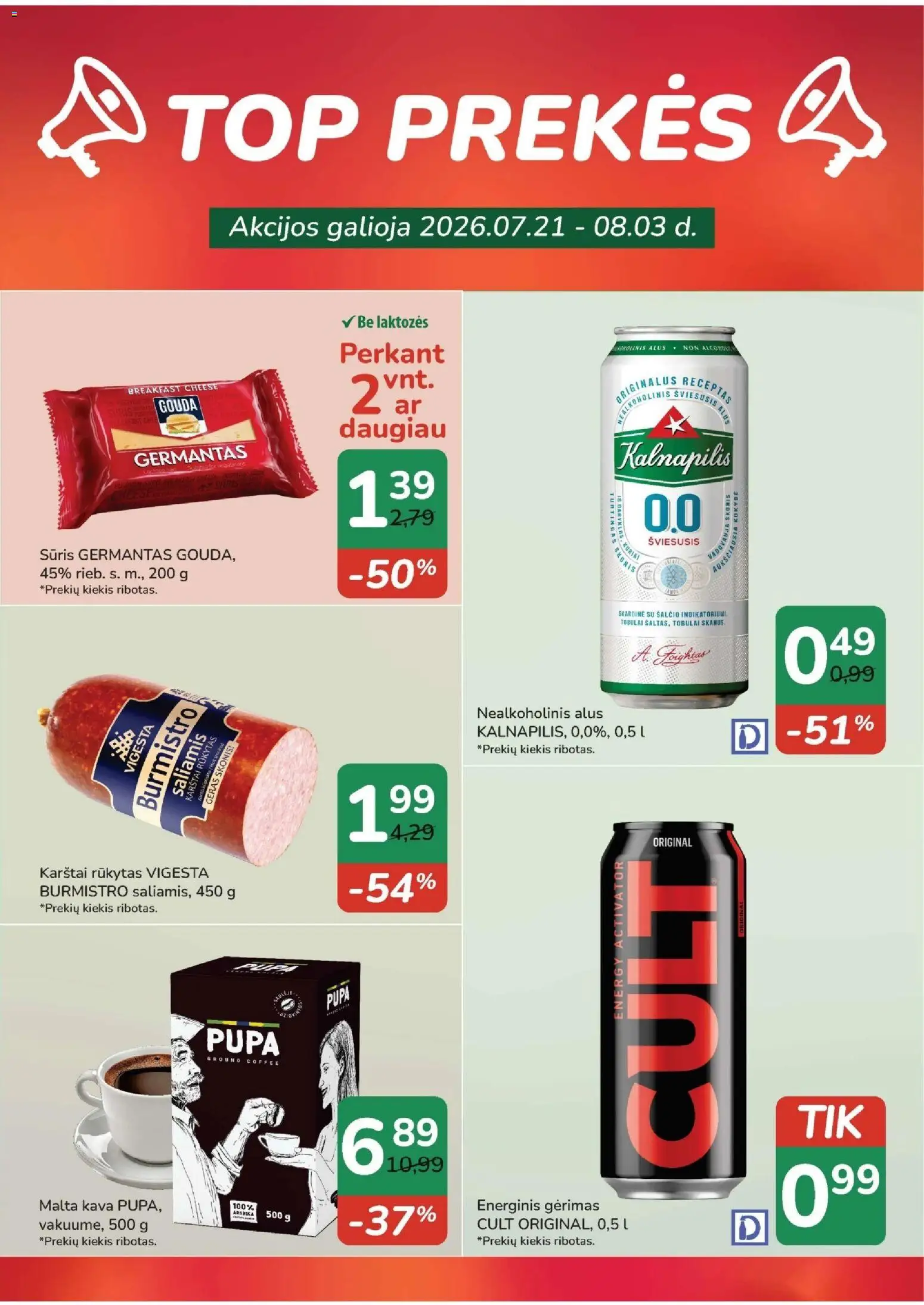 ČIA MARKET akcijos nuo 2026.07.21 | Puslapis: 2 | Prekių: Nealkoholinis alus, Energinis gėrimas, Kava, Saliamis