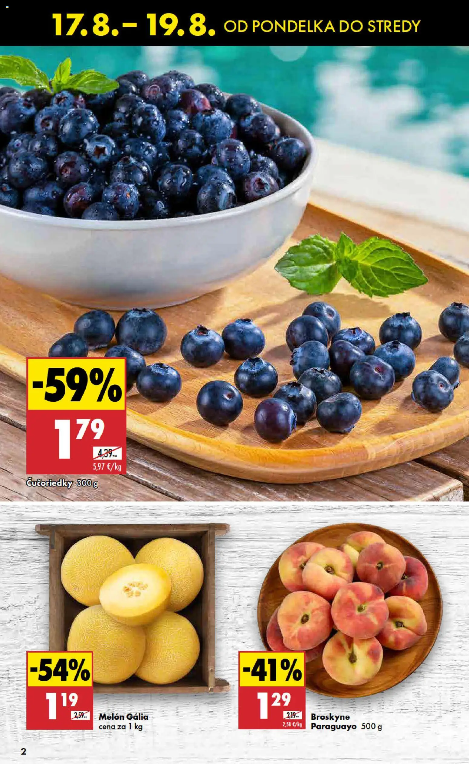 Nové Biedronka akcie – leták je platný od 17.08.2026 | Strana: 2 | Produkty: Čučoriedky, Melón, Broskyne