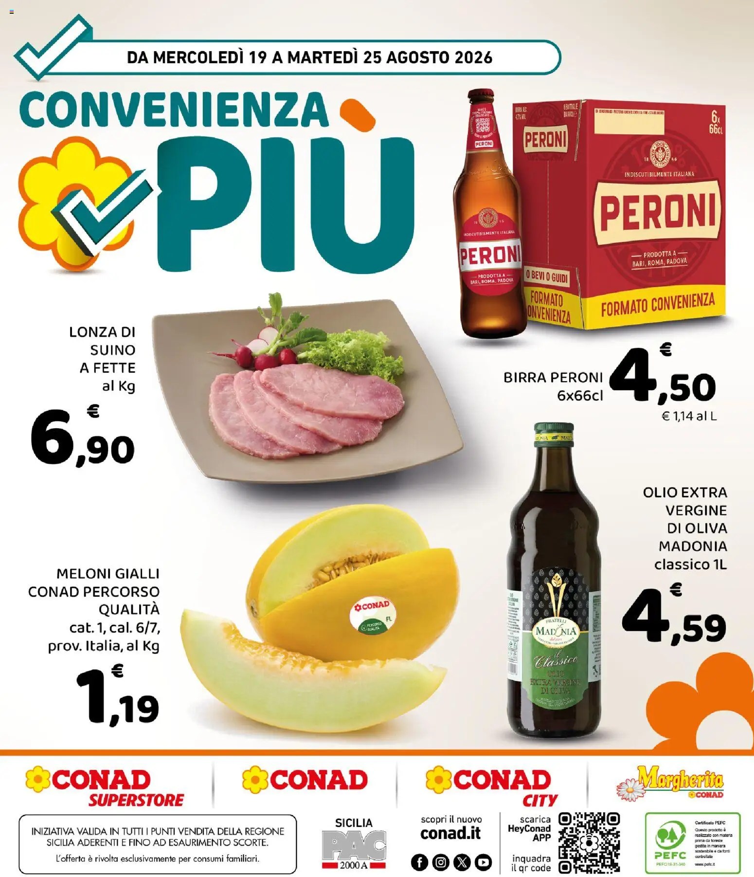 Volantino Conad del 19/08/2026 | Pagina: 8 | Prodotti: Suino, Olio, Olio extra vergine, Birra Peroni