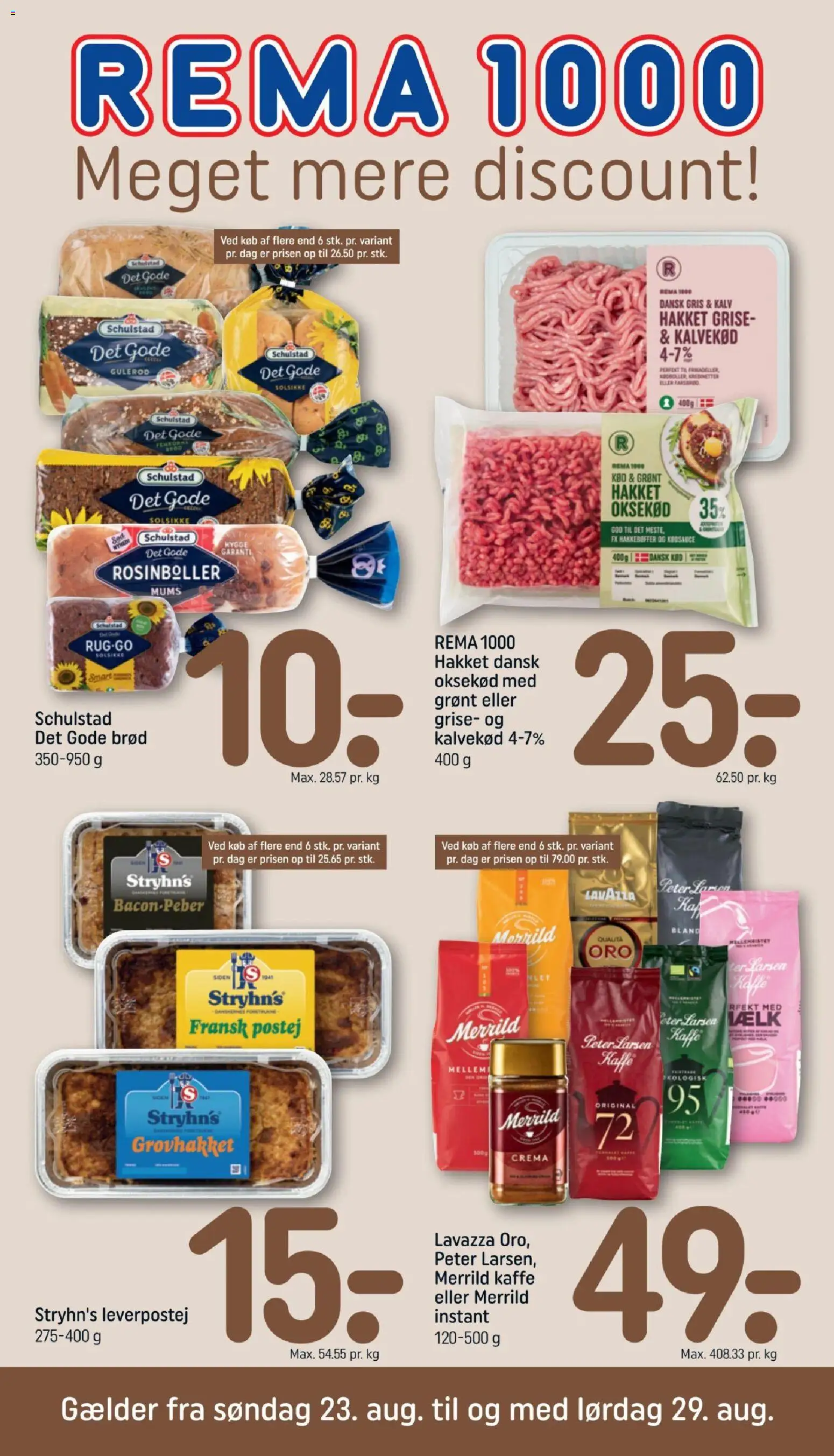 Rema 1000 tilbudsavis – gyldig fra 23/08/2026 | Side: 1 | Produkter: Brød, Kaffe, Oksekød, Gulerod