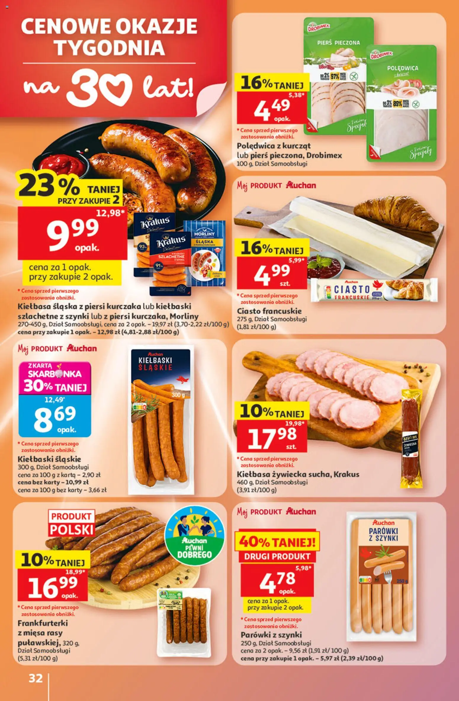 Auchan gazetka - 30 Lat Hipermarket od 21.05.2026 | Strona: 32 | Produkty: Piersi, Ciasto francuskie, Ciasto, Parówki