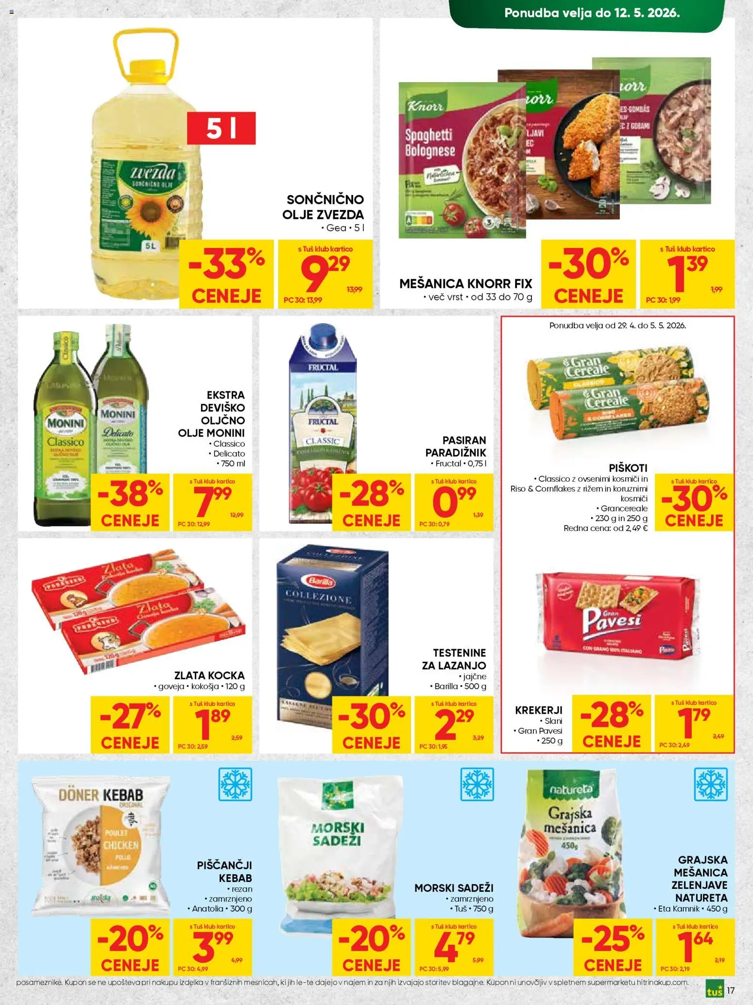 Novi Tuš katalog ponudbe – veljaven od 29.04.2026 | Stran: 17 | Izdelki: Paradiznik, Testenine, Piskoti, Morski sadezi