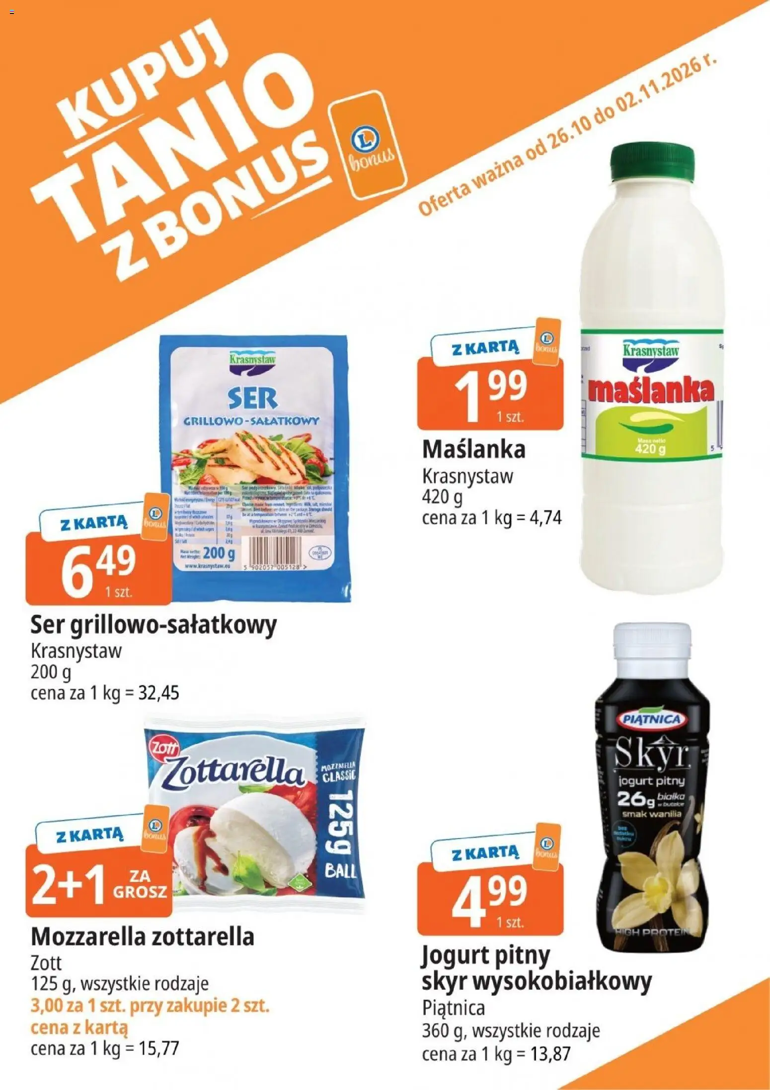 E.Leclerc gazetka - Kupuj Tanio Z Bonus od 26.10.2026 | Strona: 5 | Produkty: High Protein, Jogurt pitny, Piątnica, Mozzarella