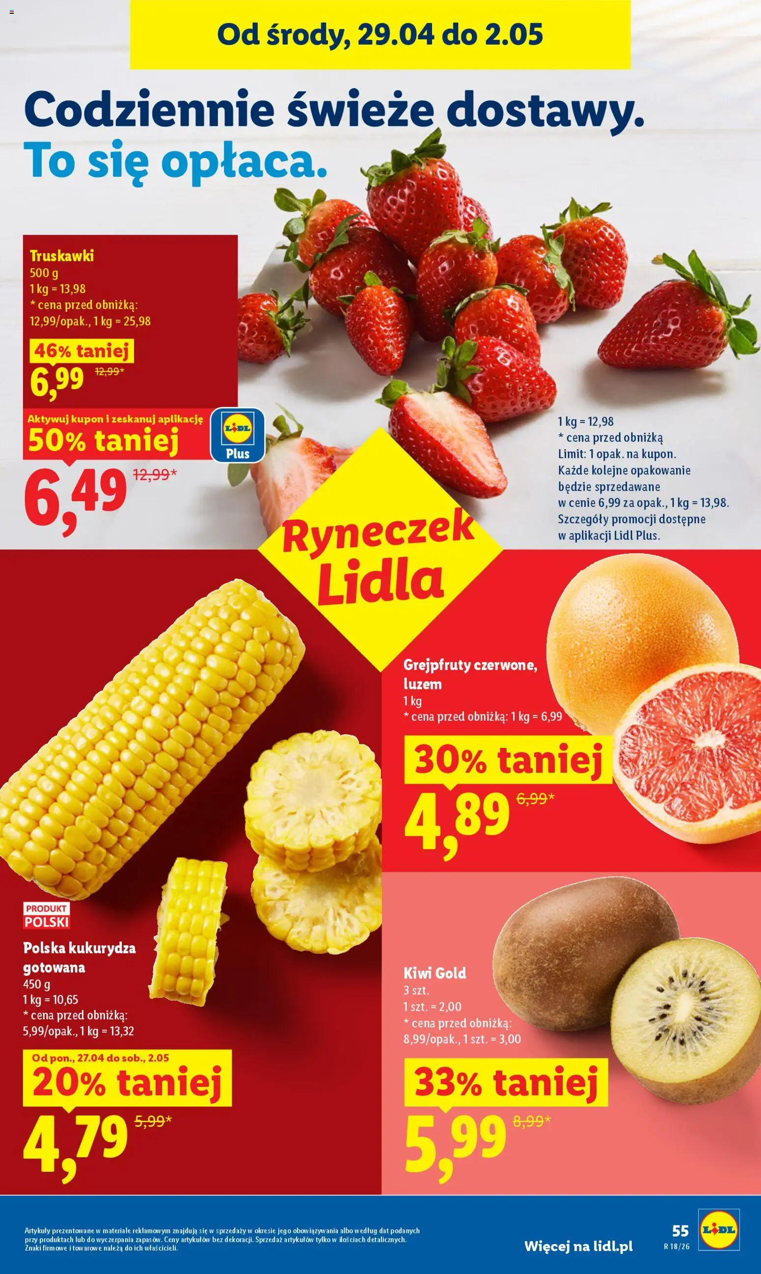 Lidl gazetka od 29.04.2026 | Strona: 55 | Produkty: Kukurydza, Kukurydza gotowana, Truskawki, Kiwi