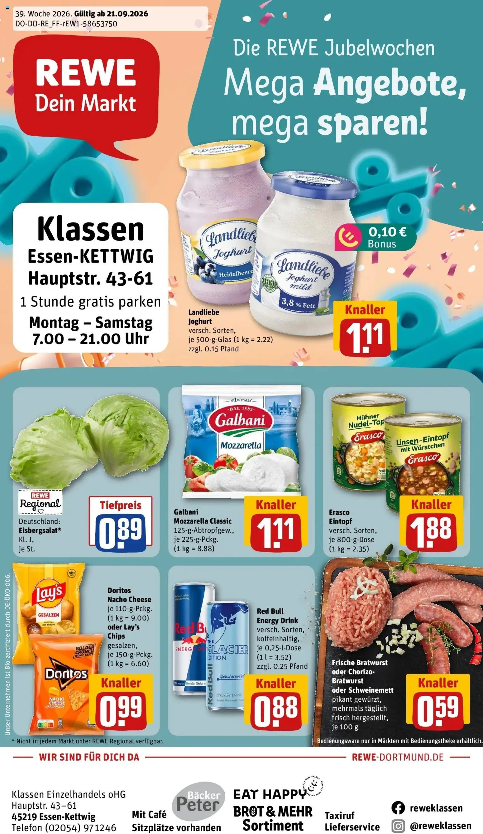 REWE Prospekt ab 21.09.2026 zum Blättern » Angebote | Seite: 1 | Produkte: Red bull, Joghurt, Mozzarella, Telefon