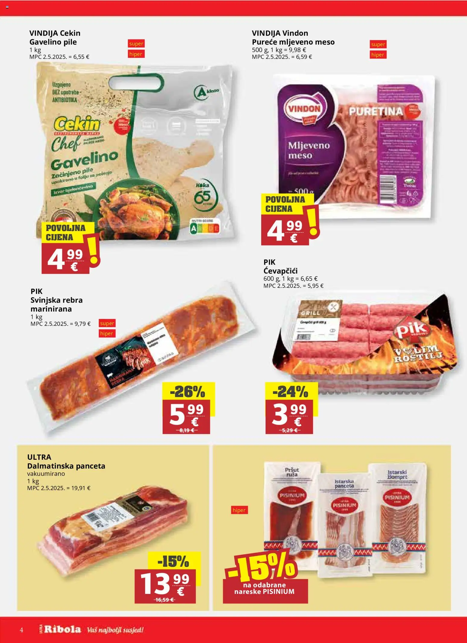 Ribola katalog | vrijedi od 14.10.2026 | Stranica: 4 | Proizvodi: Pršut, Grill, Pureće mljeveno meso, Ćevapčići