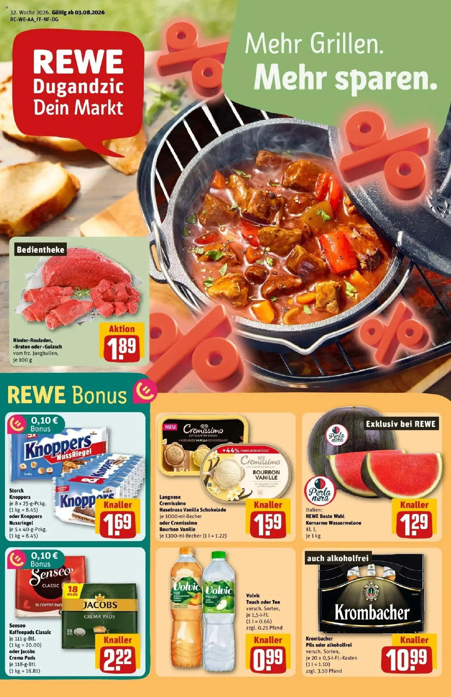 REWE Prospekt ab 03.08.2026 zum Blättern » Angebote | Seite: 1 | Produkte: Senseo, Langnese, Wassermelone, Tee