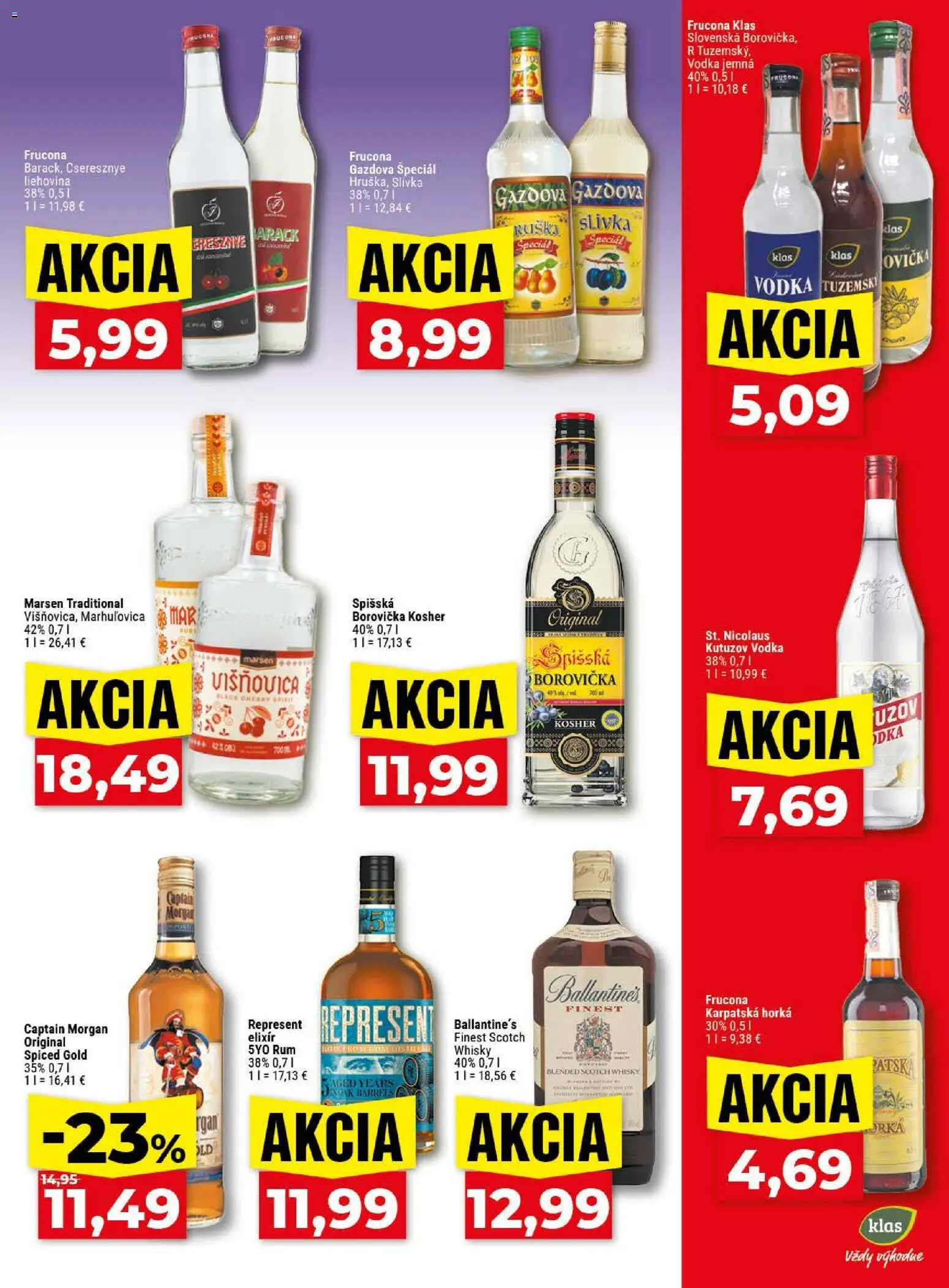 Nové Klas akcie – leták je platný od 04.05.2026 | Strana: 22 | Produkty: Borovička, Captain Morgan, Vodka, Whisky