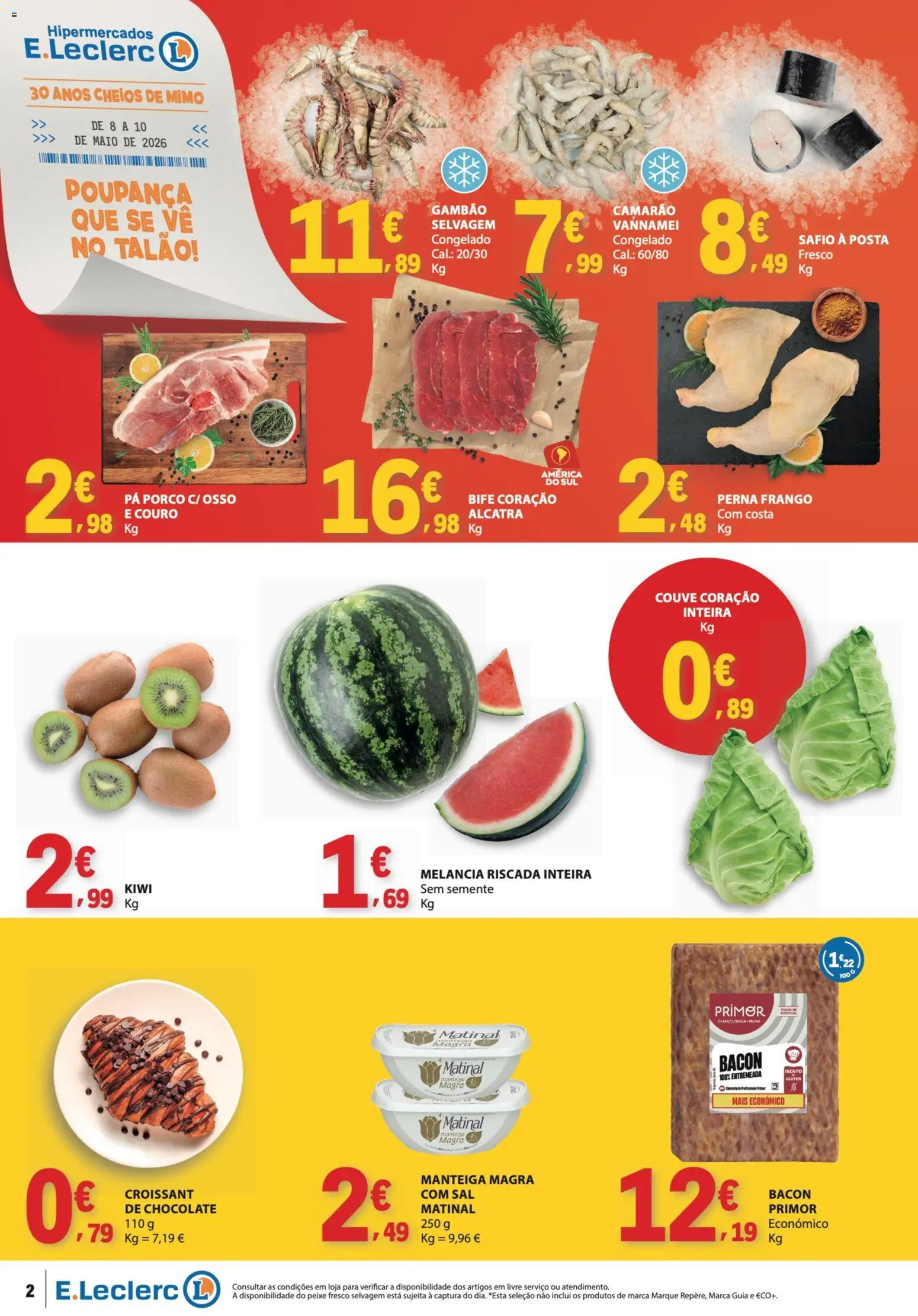 E.Leclerc Catálogo Fim de Semana │ válido de 08.05.2026 | Página: 2 | Produtos: Camarão, Manteiga, Chocolate, Melancia