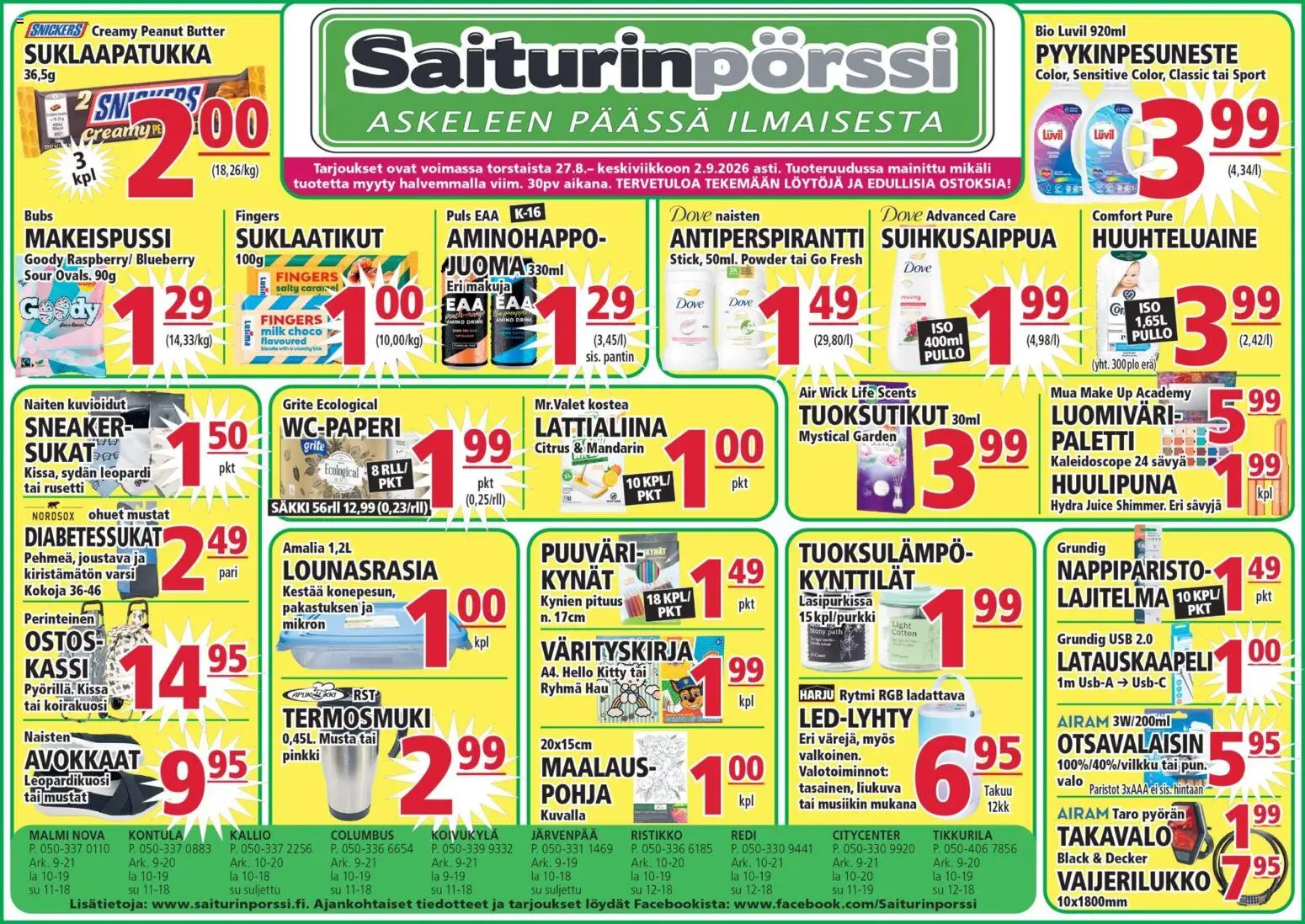 Saiturinpörssi tarjoukset – voimassa 27/08/2026 alkaen | Sivu: 1 | Tuotteet: Huulipuna, Huuhteluaine, Paristot, Sukat