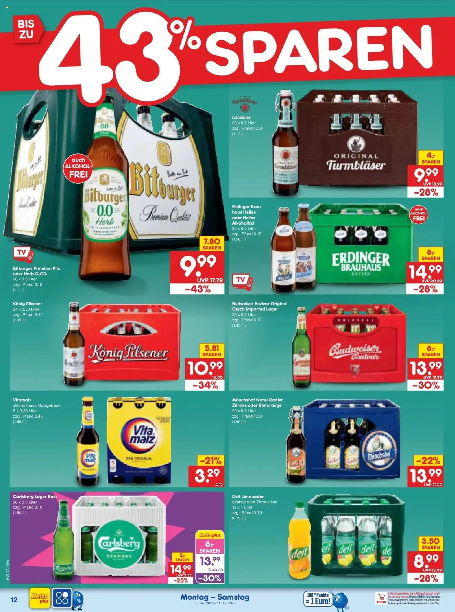 Netto Marken-Discount - Netto: Wochenangebote – gültig ab 05.07.2026 | Seite: 18 | Produkte: Monchshof, Erdinger, Carlsberg, Budweiser