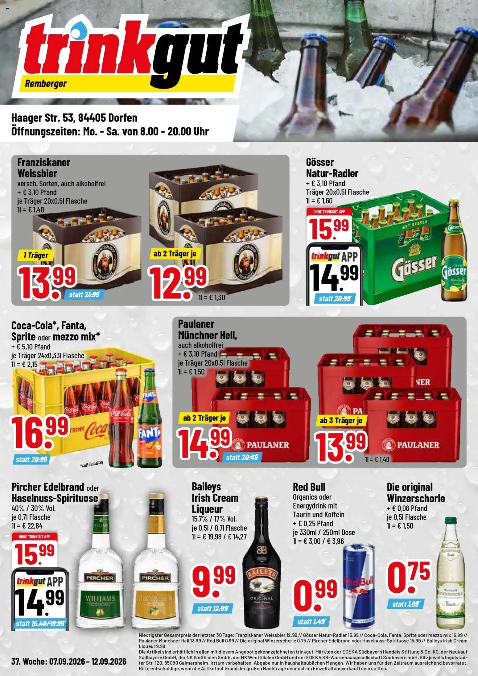 Trinkgut Prospekt Dorfen (ab 07.09.2026) » Angebote online | Seite: 1 | Produkte: Franziskaner, Sprite, Oder mezzo mix, Uhr