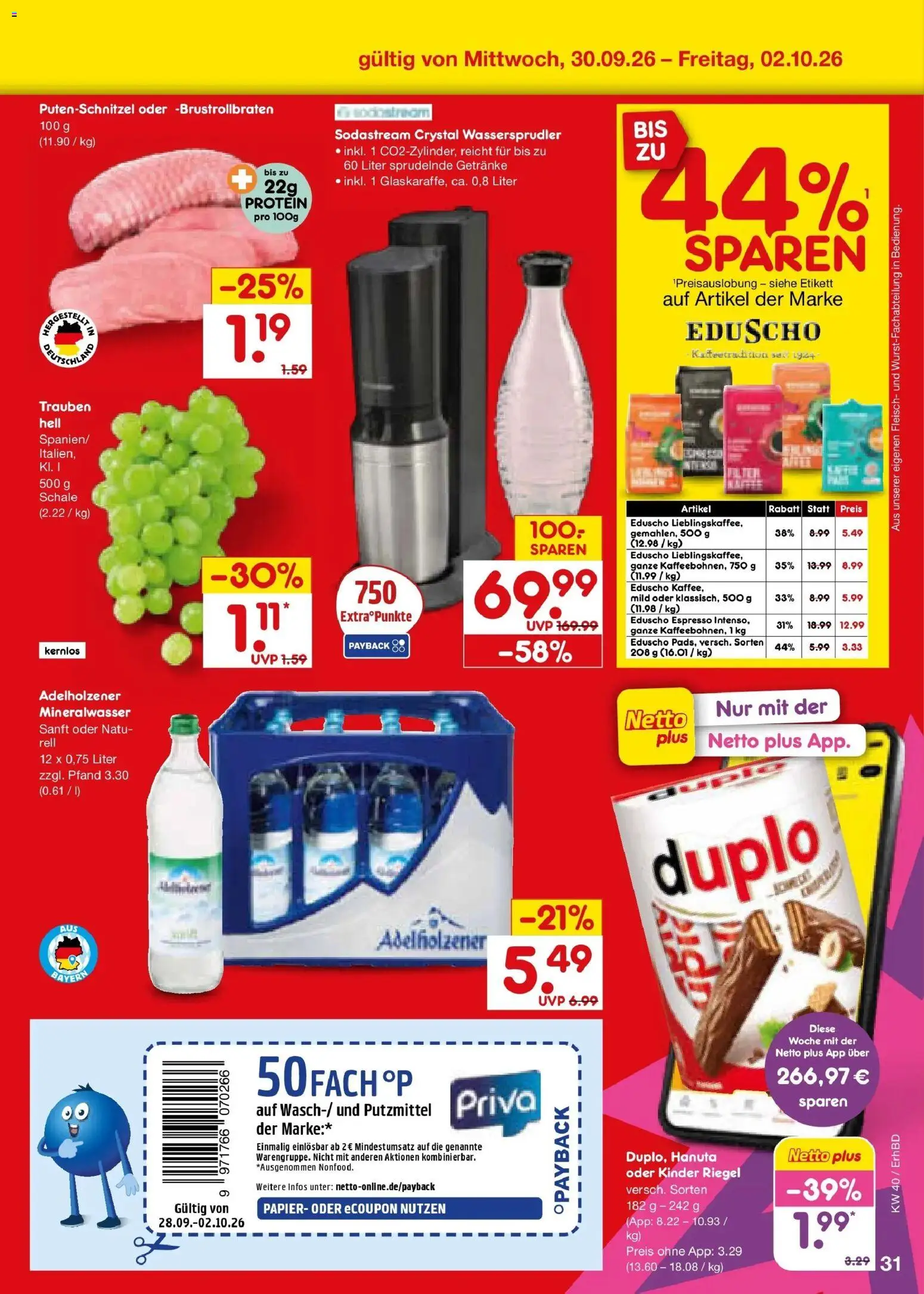 Netto Marken-Discount Prospekt Ergolding – gültig ab 28.09.2026 | Seite: 49 | Produkte: Adelholzener, Kinder riegel, Fleisch, Eduscho