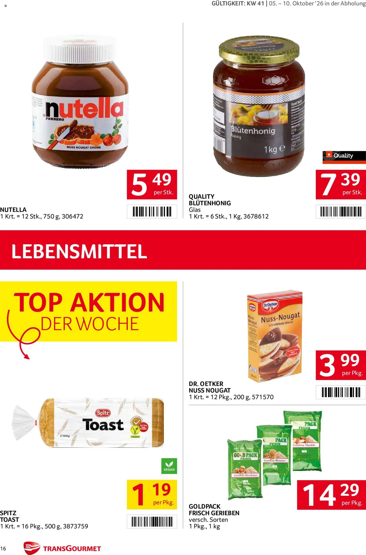 Transgourmet Flugblatt gültig ab 05.10.2026 | Seite: 16 | Produkte: Nutella, Lebensmittel, Creme