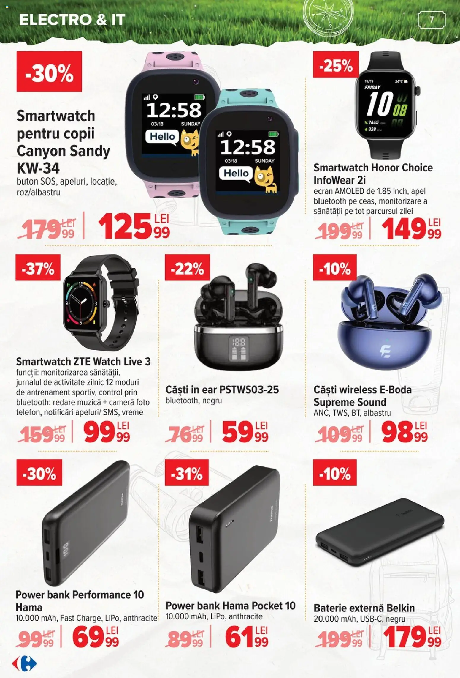 Noul catalog Carrefour – valabil de la 03.06.2026 | Pagină: 7 | Produse: Căști, Cameră, Smartwatch, Baterie