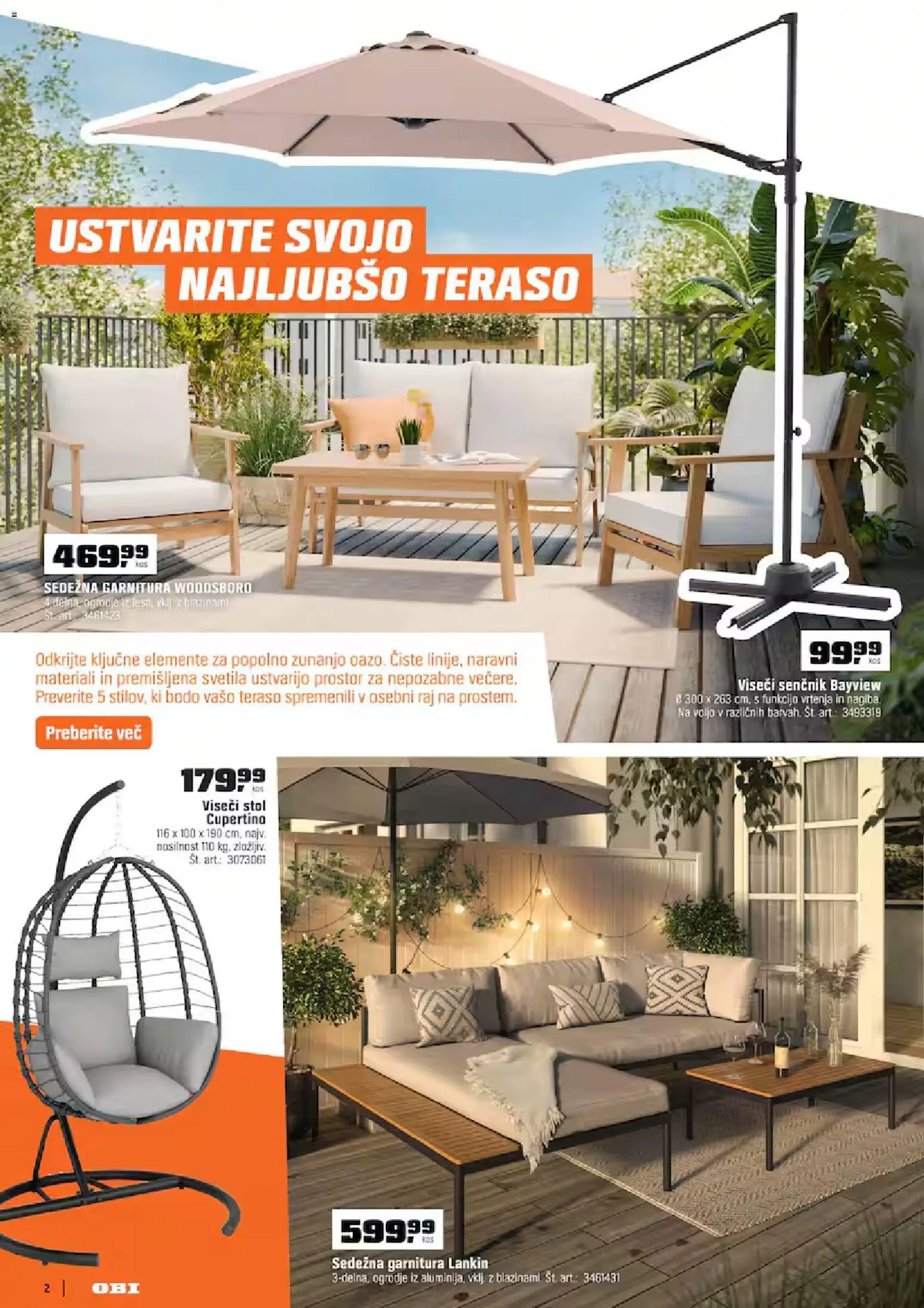 Novi OBI katalog ponudbe – veljaven od 01.04.2026 | Stran: 2 | Izdelki: Viseči stol, Senčnik, Sedezna garnitura, Stol