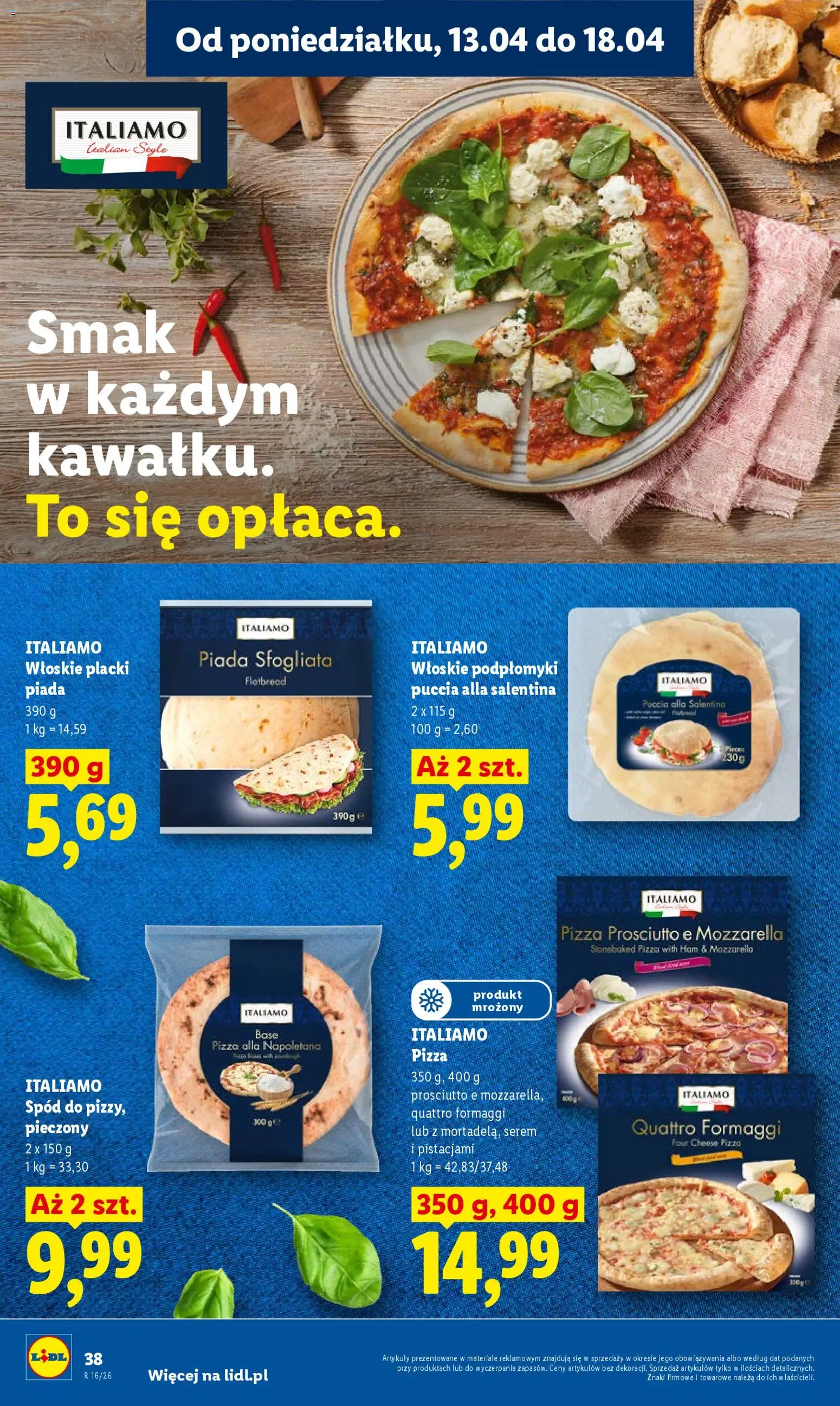 Lidl gazetka od 13.04.2026 | Strona: 38 | Produkty: Prosciutto, Pizza, Mozzarella
