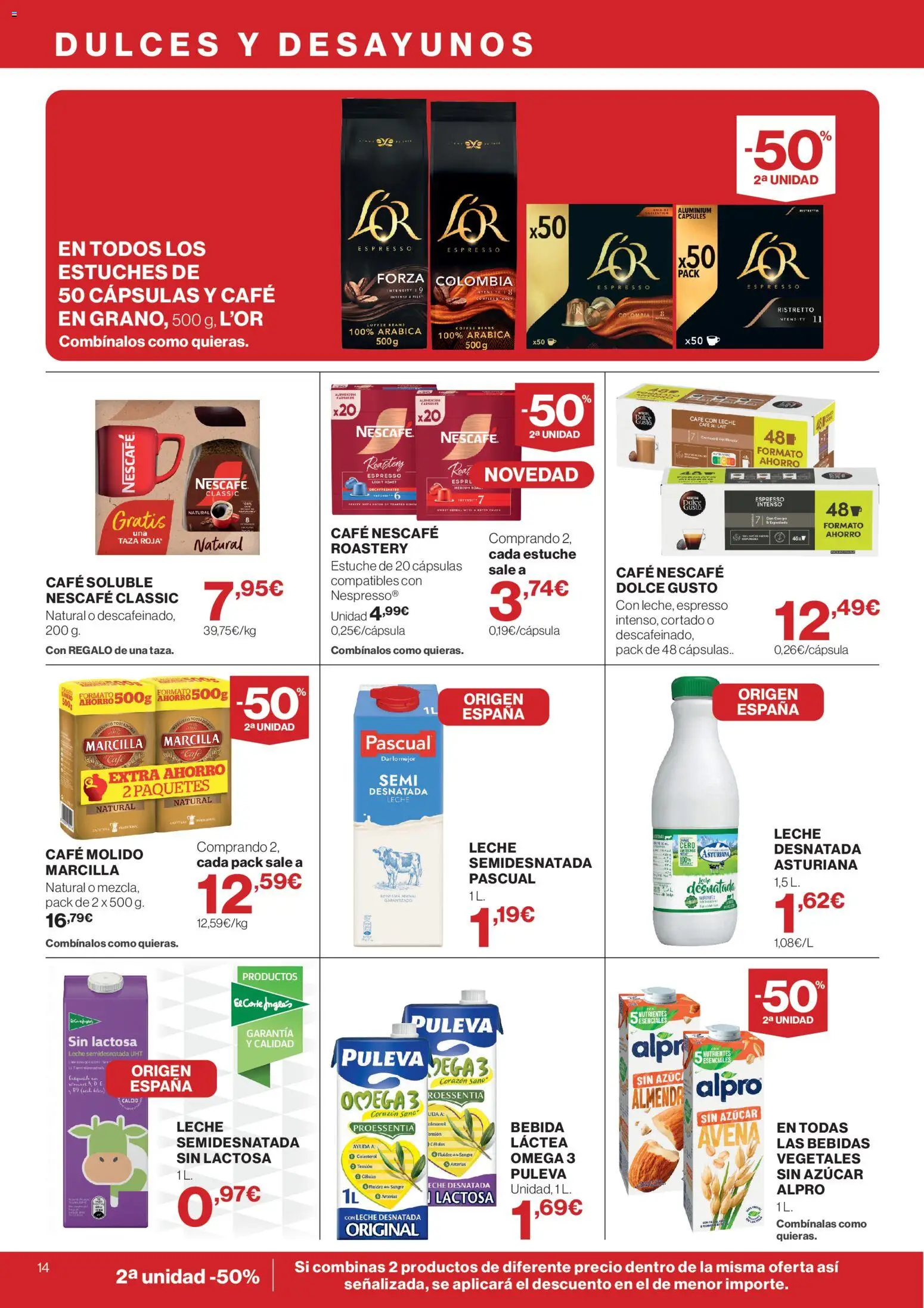 El Corte Inglés ofertas │ válido desde el 10/09/2026 | Página: 14 | Productos: Leche semidesnatada, Leche, Café molido, Azúcar