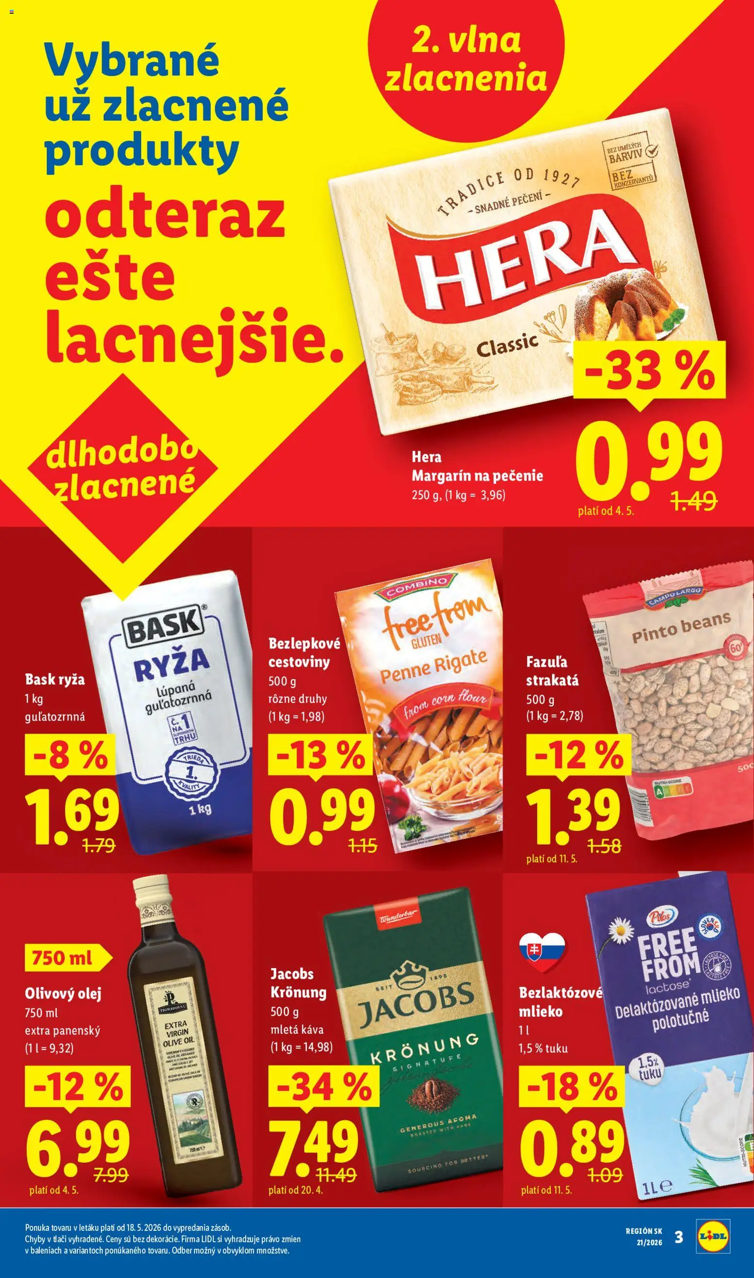 Nové Lidl akcie – leták je platný od 18.05.2026 | Strana: 3 | Produkty: Mlieko, Olej, Cestoviny, Hera