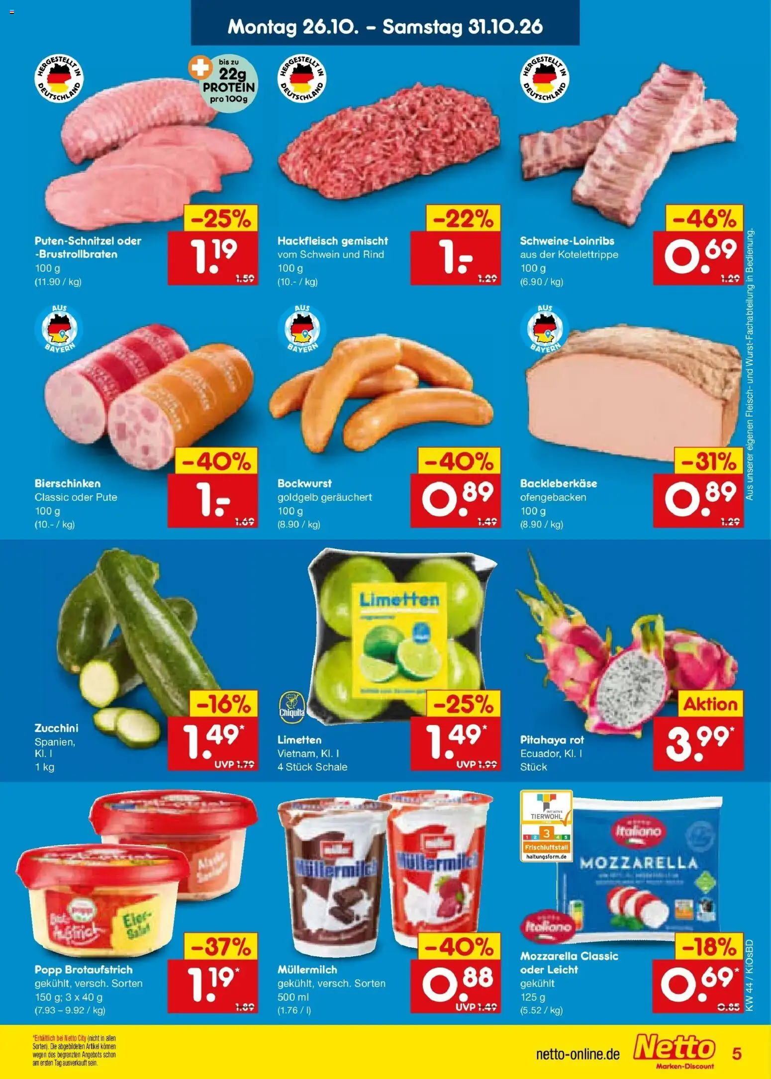 Netto Marken-Discount Prospekt Mistelbach (ab 26.10.2026) » Angebote | Seite: 7 | Produkte: Pute, Mozzarella, Putenschnitzel, Müllermilch