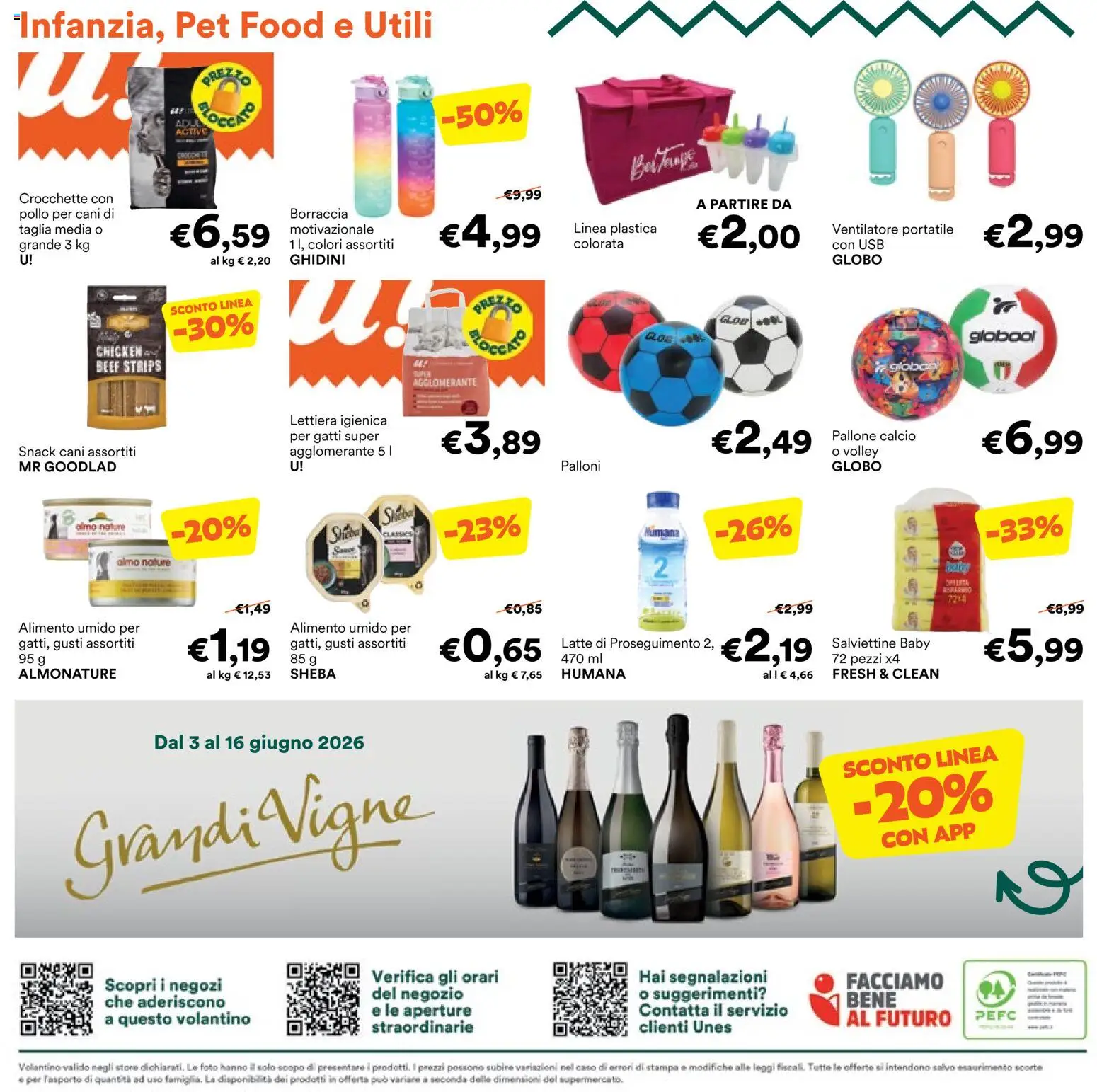 Volantino Unes del 03.06.2026 | Pagina: 24 | Prodotti: Ventilatore, Latte, Crocchette, USB